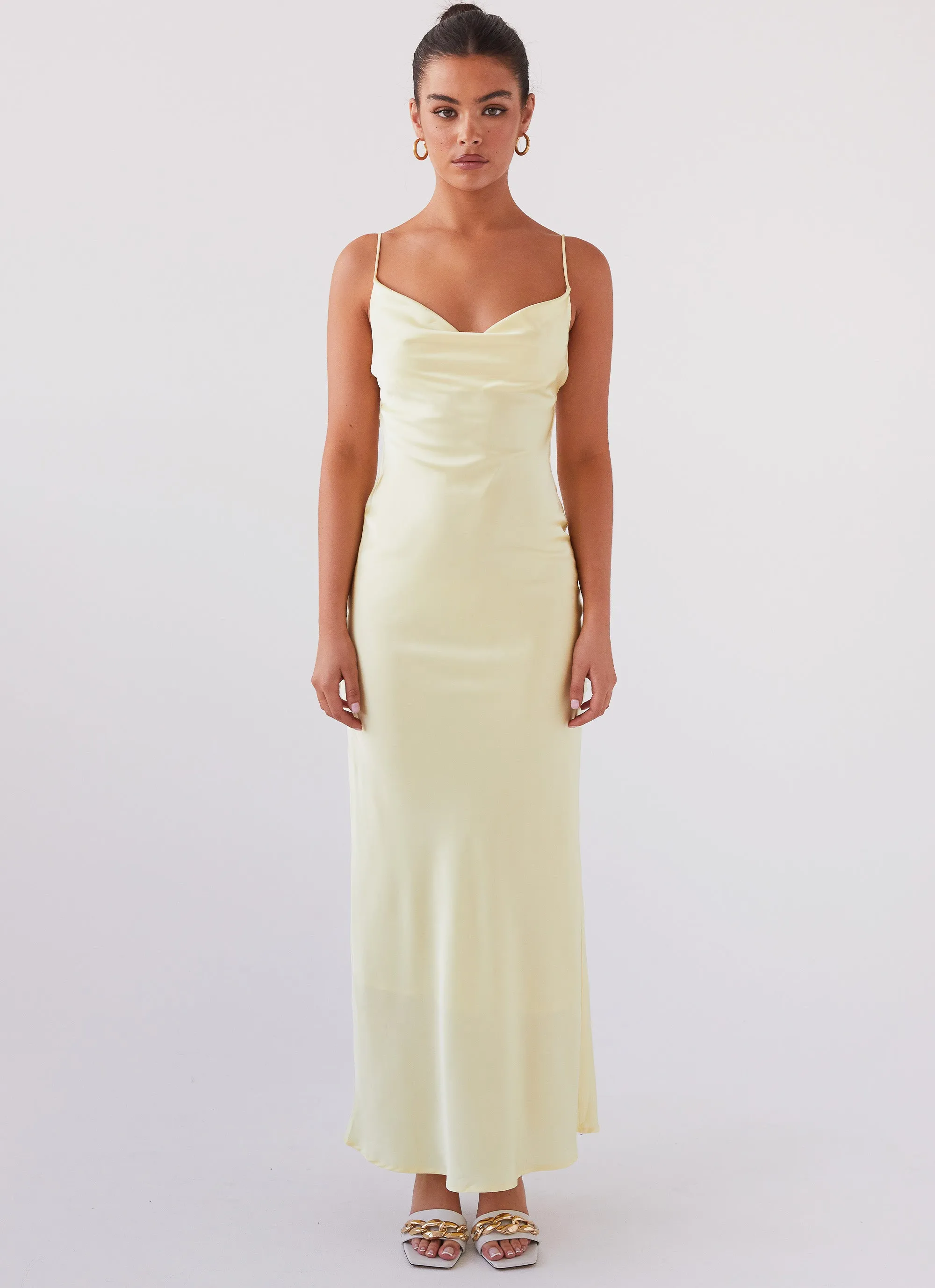 Joanna Satin Maxi Dress - Lemon Back-Zip Trend Texture