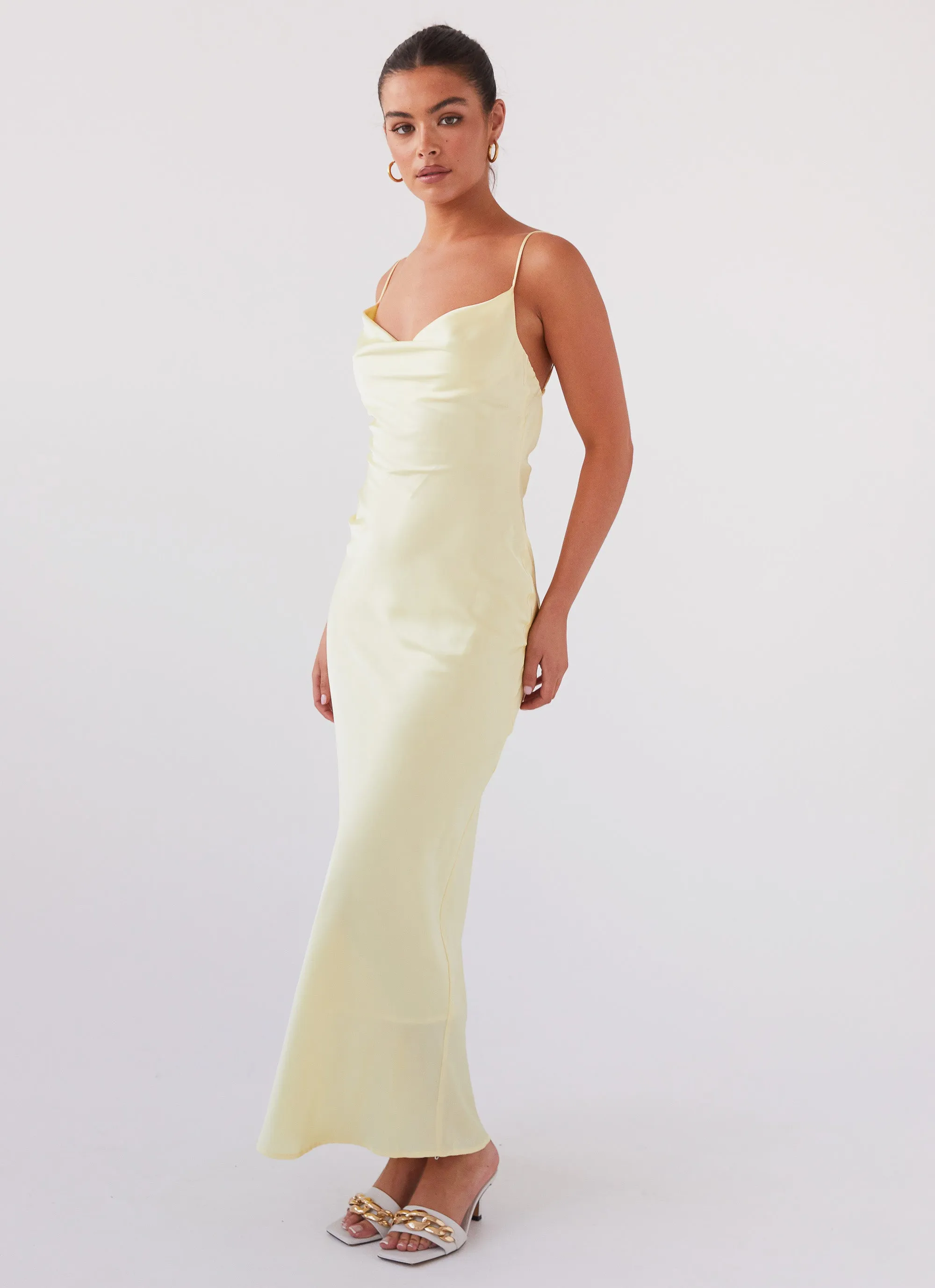 Joanna Satin Maxi Dress - Lemon Back-Pocket