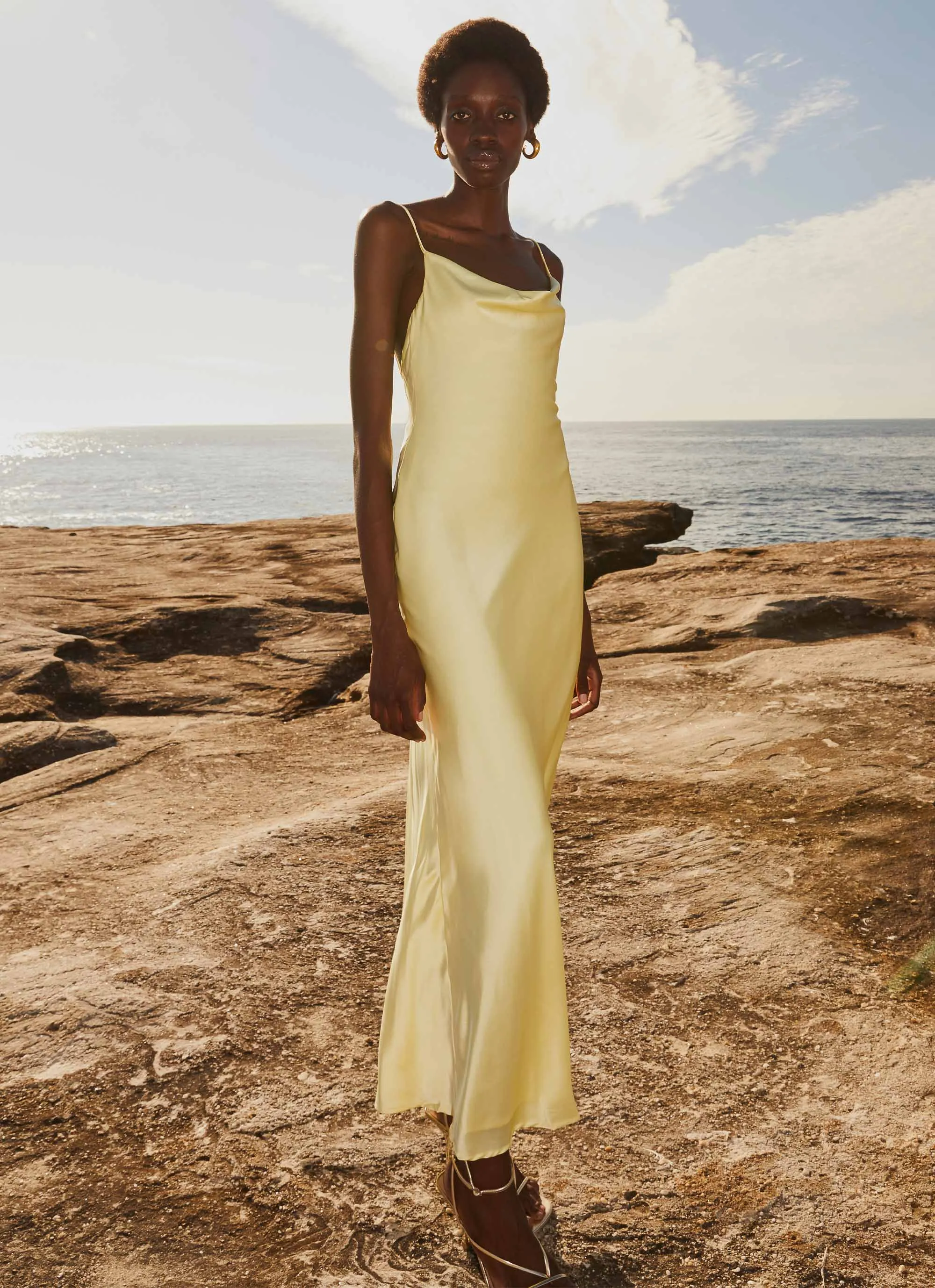 Joanna Satin Maxi Dress - Lemon Daily Form packable