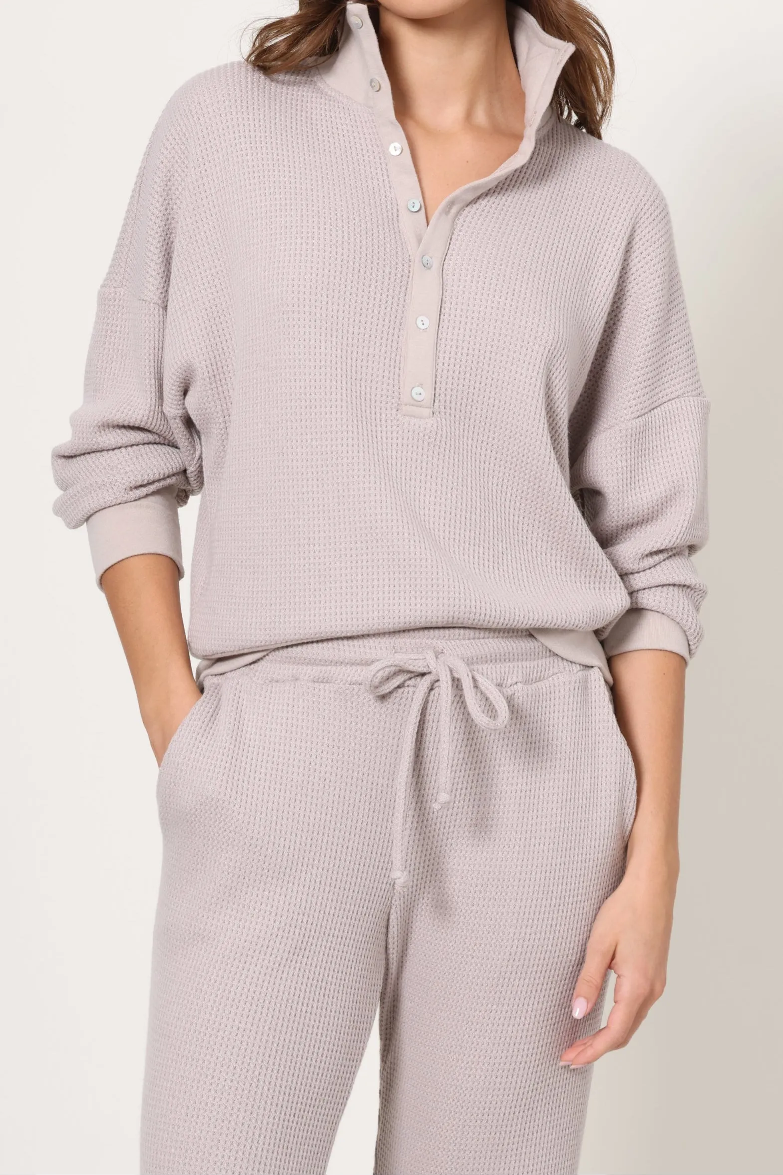 High Neckline Lazy Day Waffle 1/4 Button Up