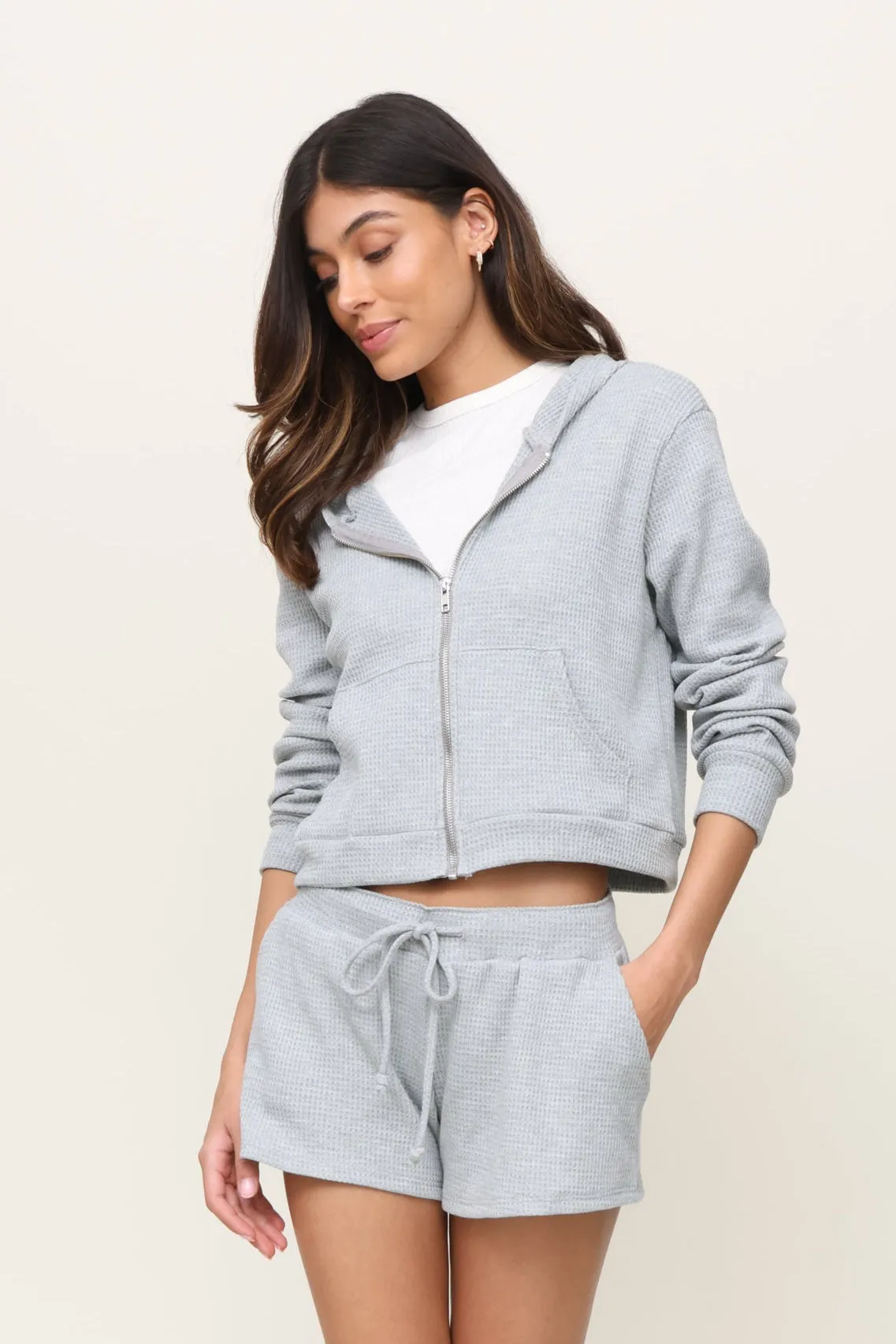 Chic Comforted Ribbed Collar Design Lazy Day Waffle Zip Up