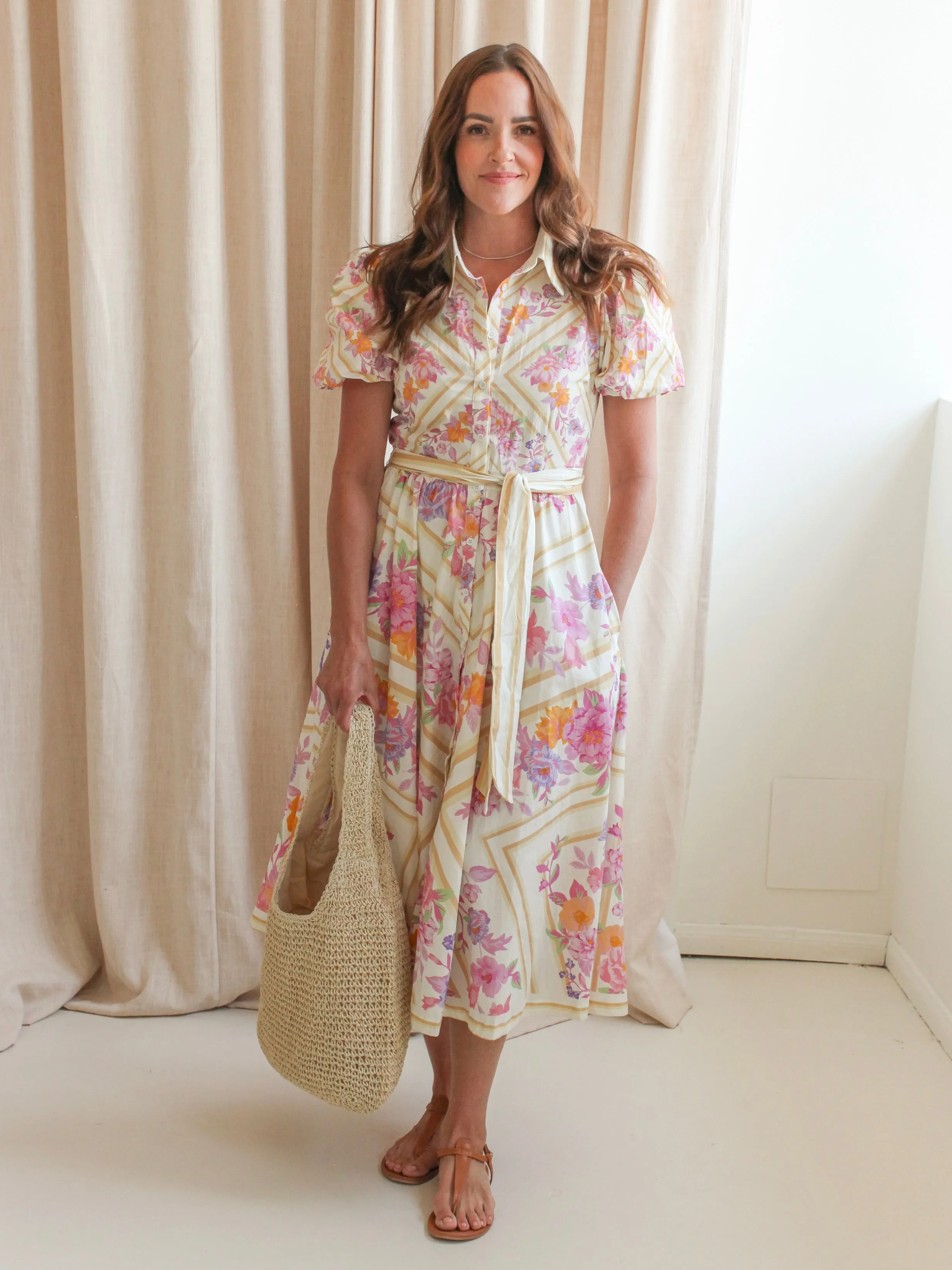 Flexible Fabric Comfortable Layering Lennon Pink Floral Midi Dress