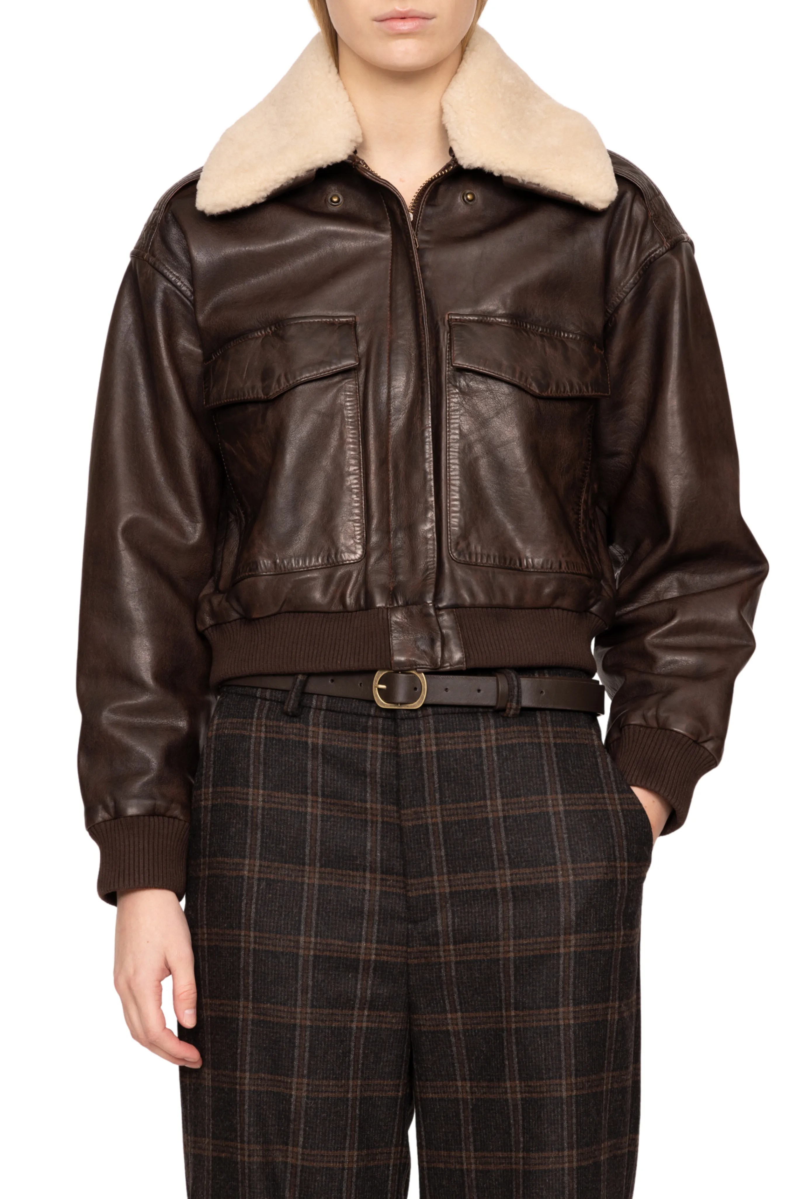 Double Layered Lenoir Leather Cropped Bomber Jacket