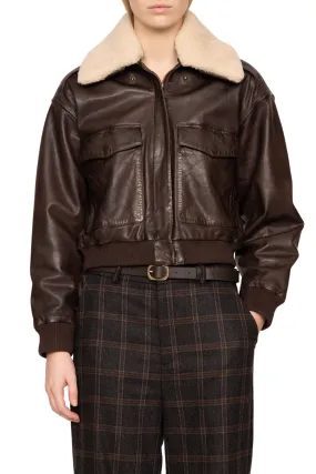 Double Layered Lenoir Leather Cropped Bomber Jacket
