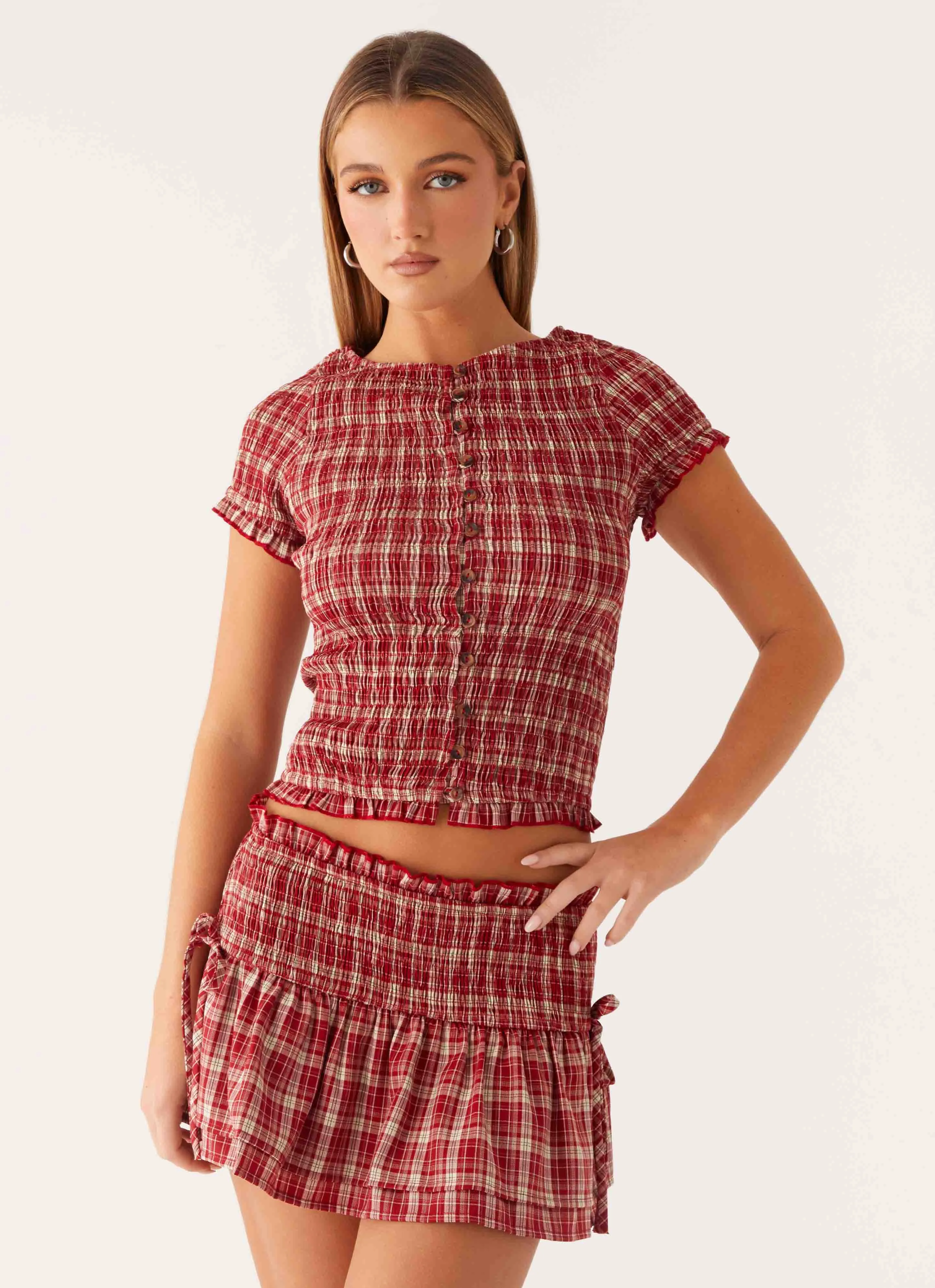 High Neckline Structure Thermal Insulation Lenore Button Top - Ruby Check