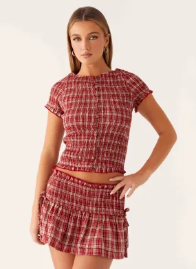 High Neckline Structure Thermal Insulation Lenore Button Top - Ruby Check