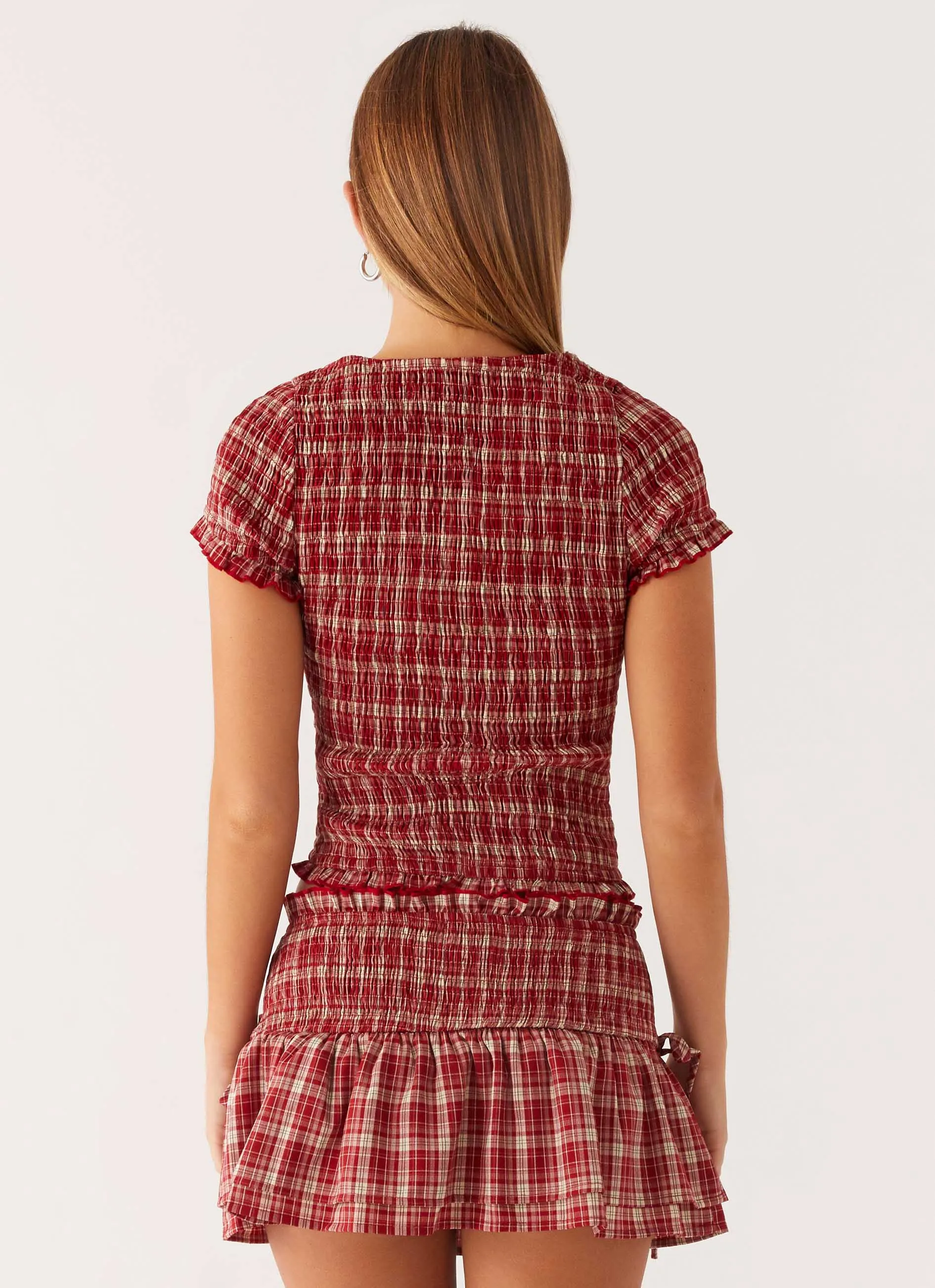 Sweat Absorbing Lining StretchKnit Lenore Button Top - Ruby Check