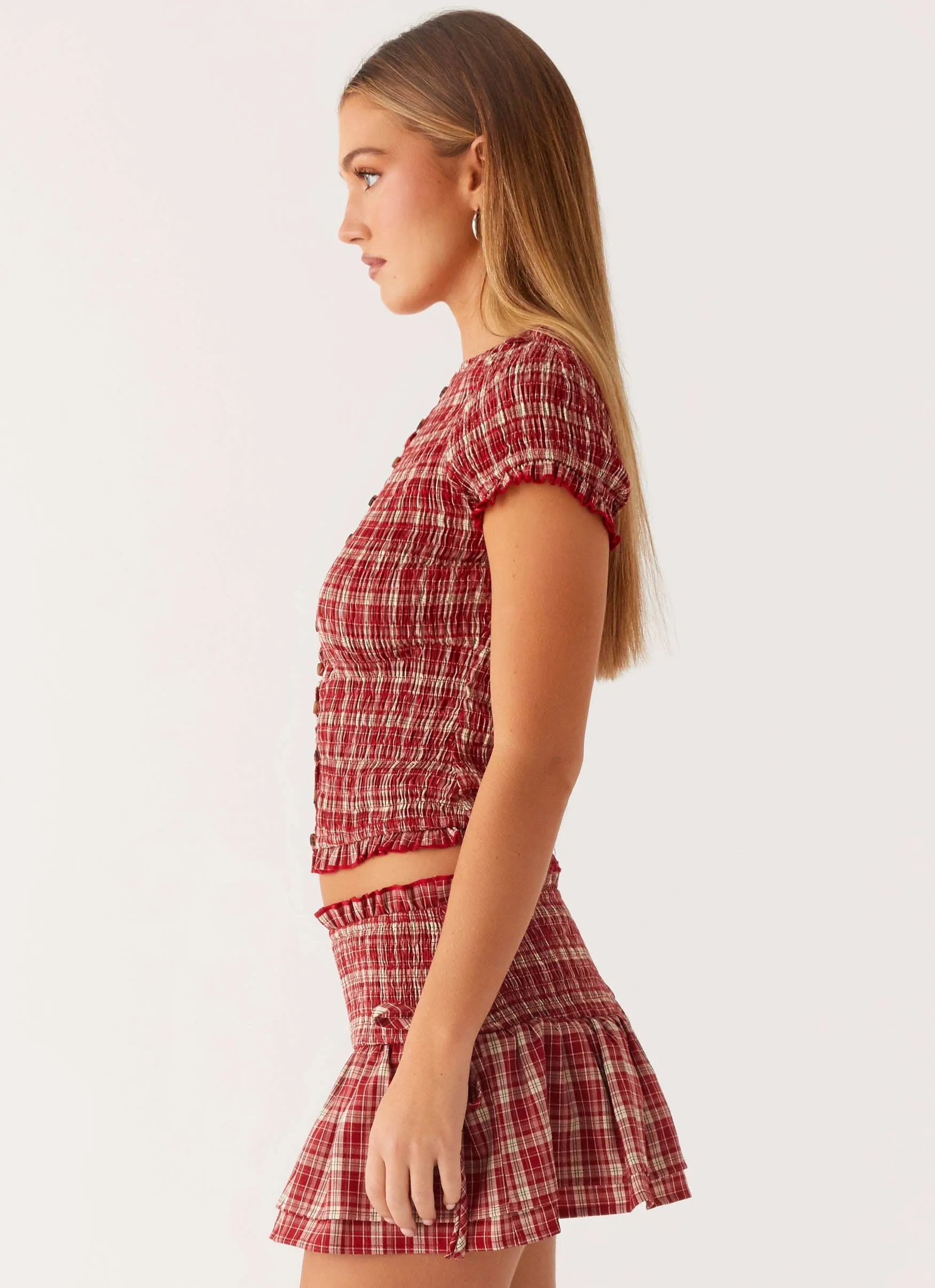 Hidden Storage Pocket Everyday Wear Lenore Button Top - Ruby Check