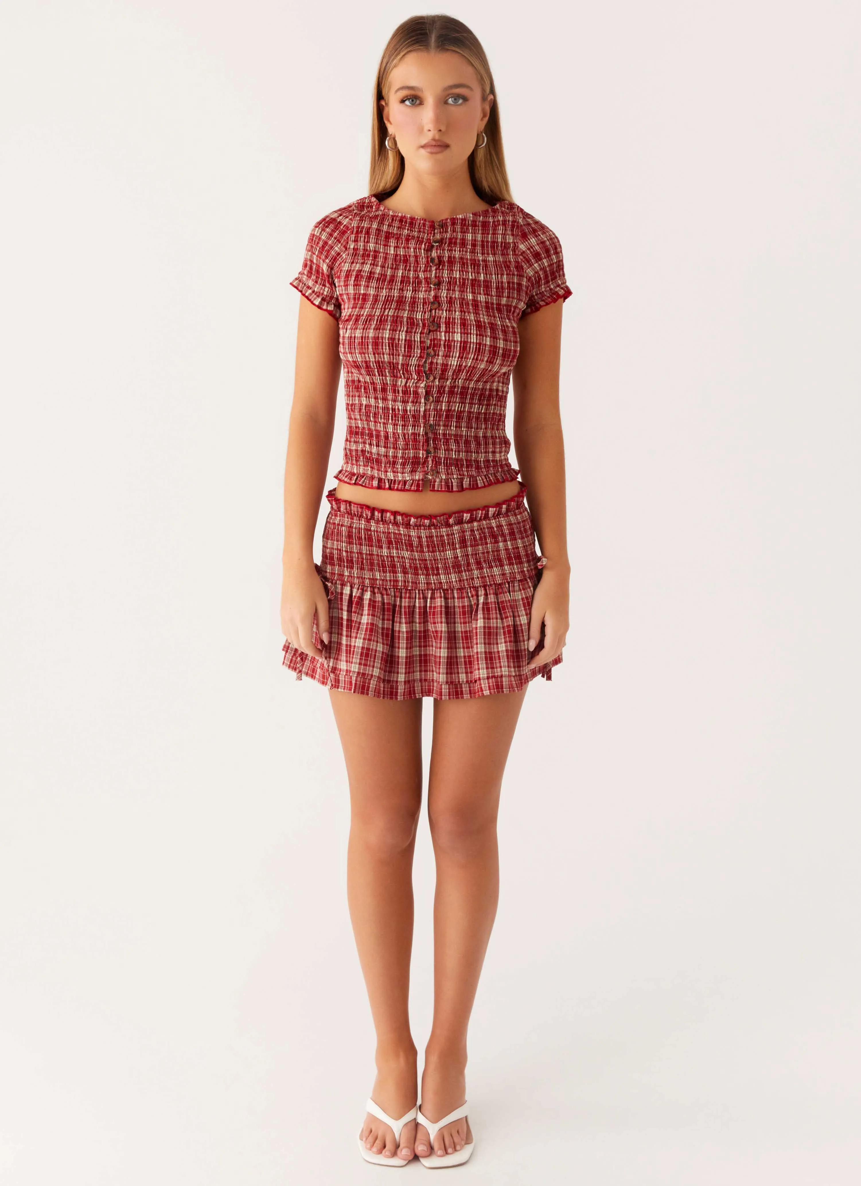 Lenore Mini Skirt - Ruby Check Outdoor Gathering