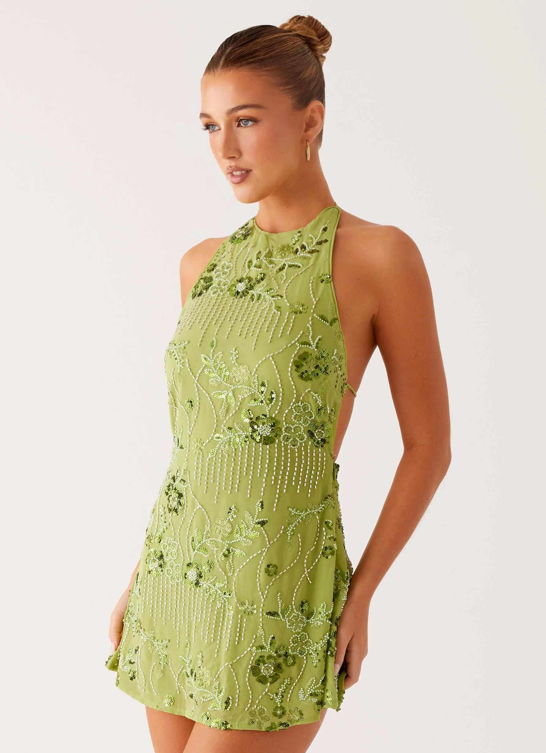 Leo Beaded Mini Dress - Green Drawstring-Waist Timeless Look