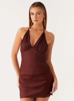 LowImpact Dye Process Mesh Panel Details Mabel Halter Top - Chocolate