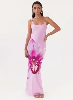 EasyCareMaterial Contemporary Vibe Bad News Mesh Maxi Dress - Pink Magnolia