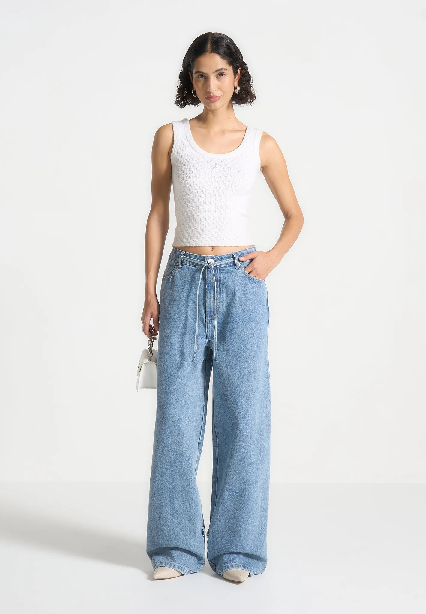 Spring Mood Bold Edgy Design Faye - Wide Mid Rise Jeans with Tie Waist - Mid Blue