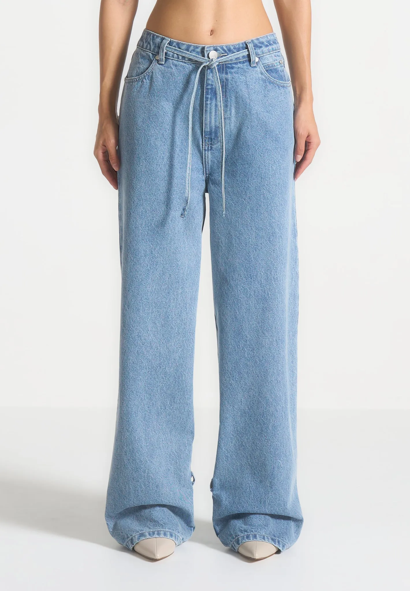 Weather Proof Faye - Wide Mid Rise Jeans with Tie Waist - Mid Blue