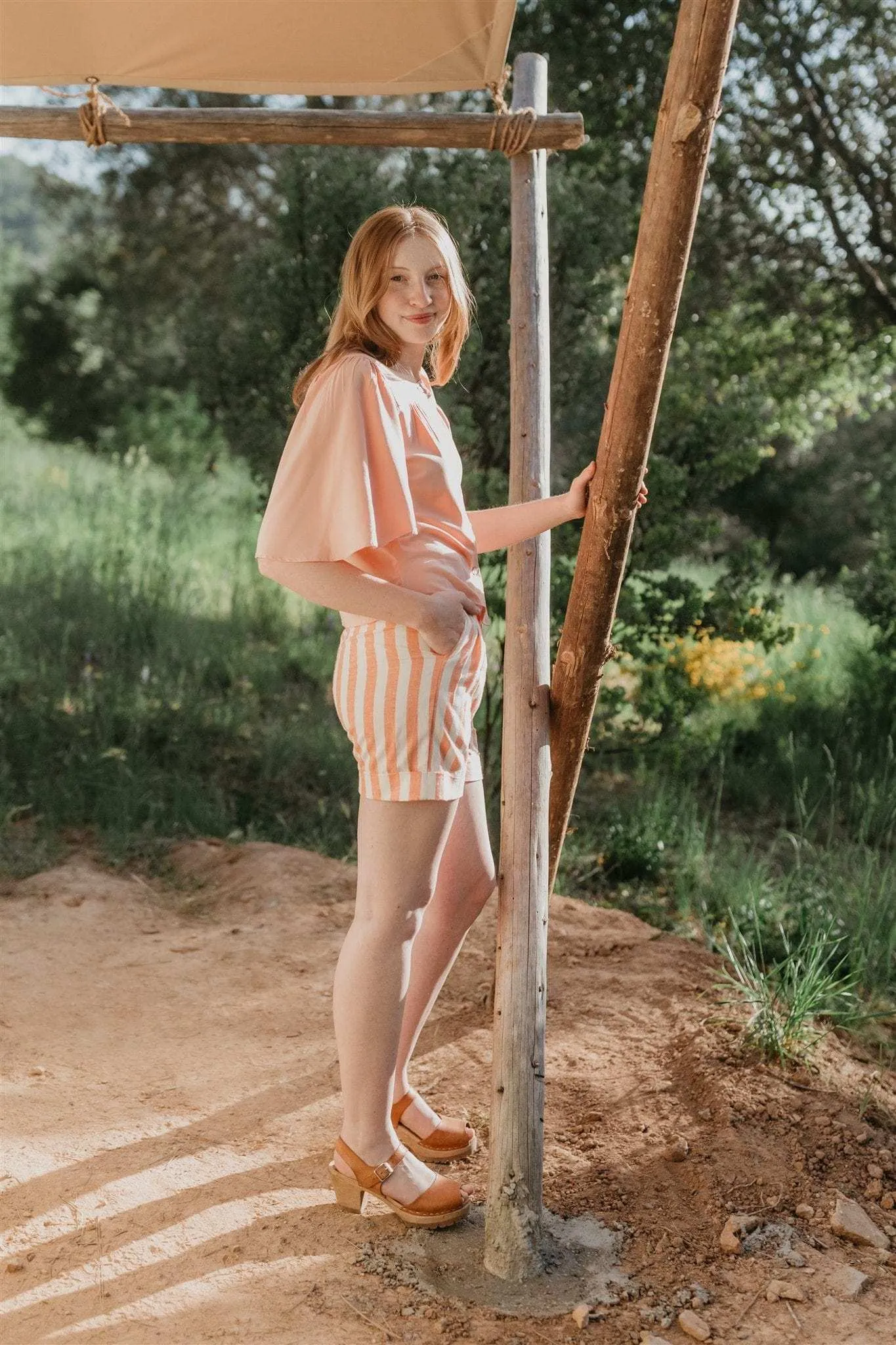 HighDensity Knit Flutter Top in Pink Blush Challis