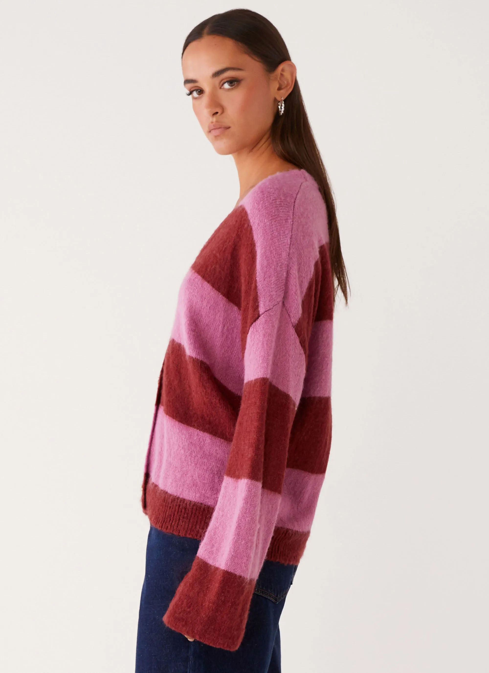 Ainslee Oversized Knit Cardigan - Red Pink Stripe Reused Cloth Slim Fit Design