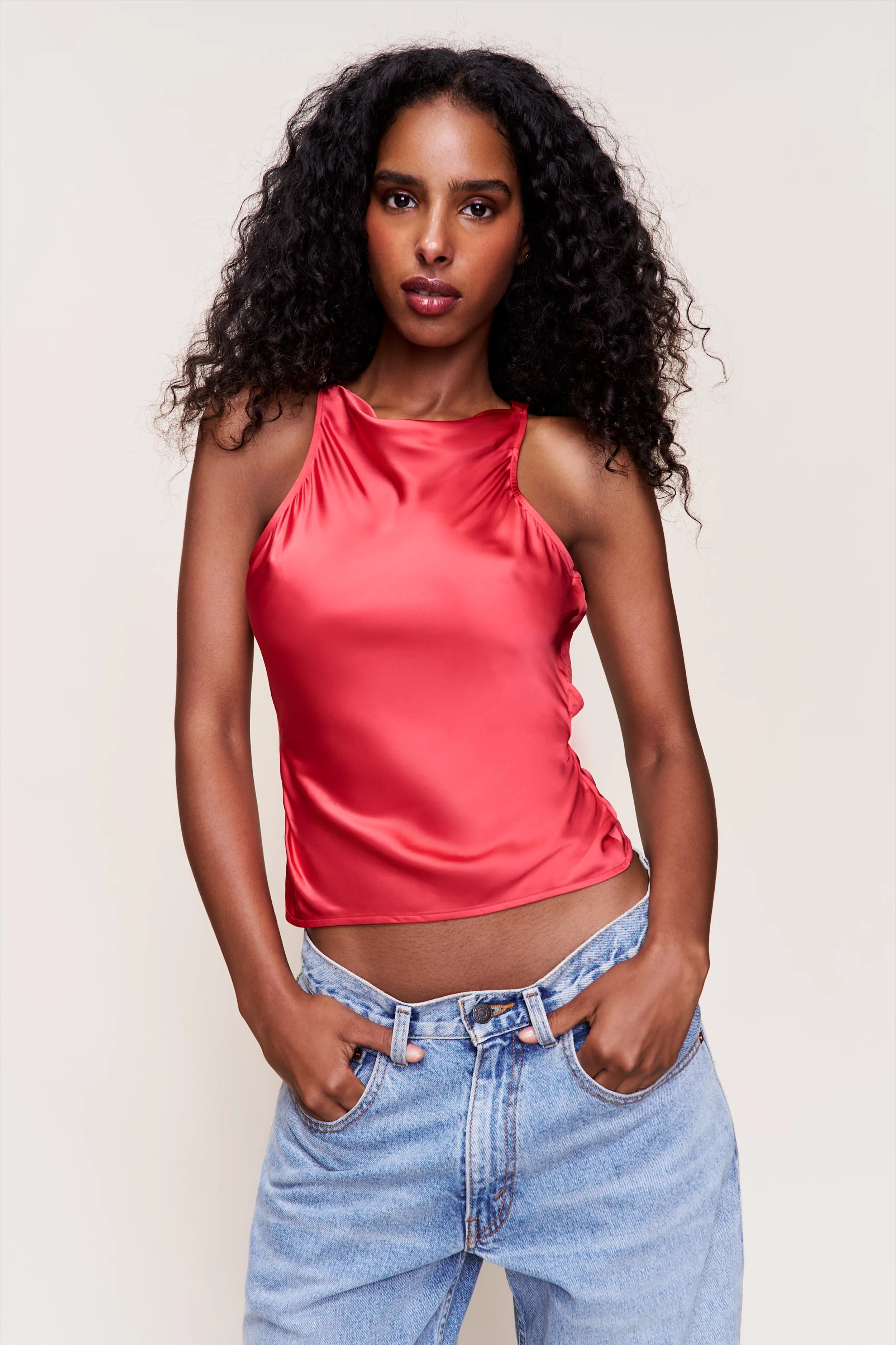 Regine Cowl Neck Top Weighted Hem Design