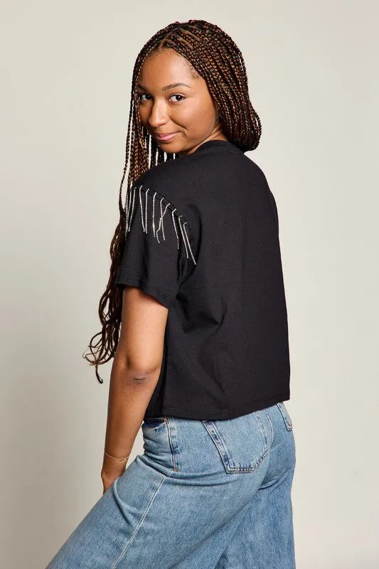 Legendary Eagle Rhinestone Fringe Tee Smooth Stitching