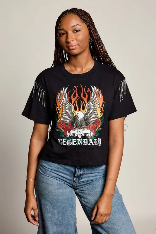 Microfiber Blended Fabric Legendary Eagle Rhinestone Fringe Tee