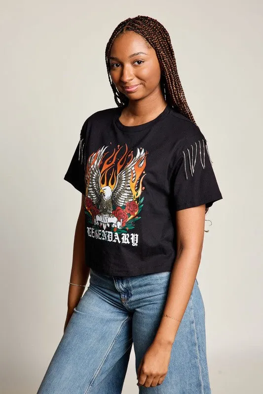 Legendary Eagle Rhinestone Fringe Tee Lightweight Knit