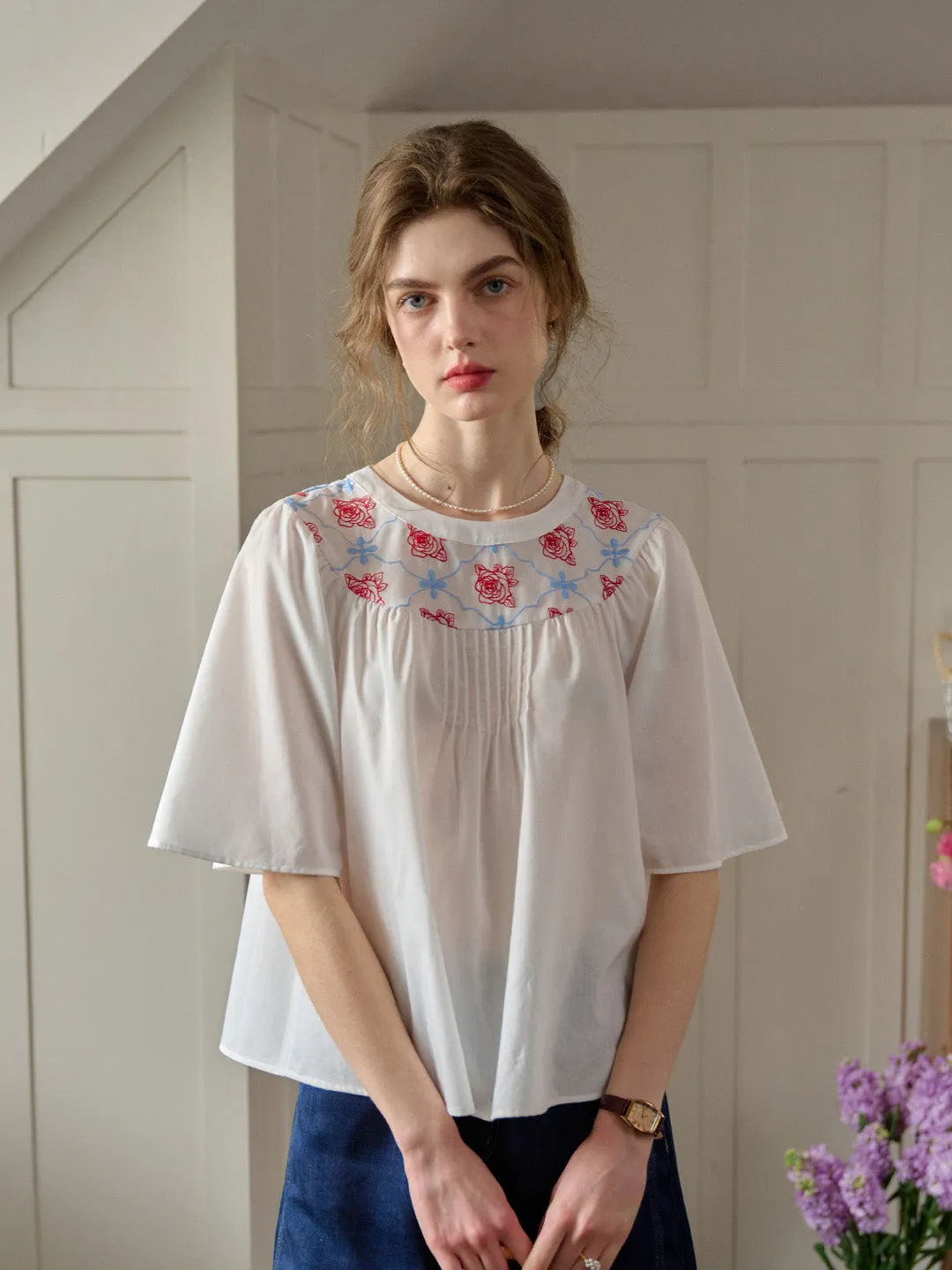 ??Final Sale??Kenia Lace-up Striped Floral Off The Shoulder Top AntiPillingFinish Anti Static Cloth Blend