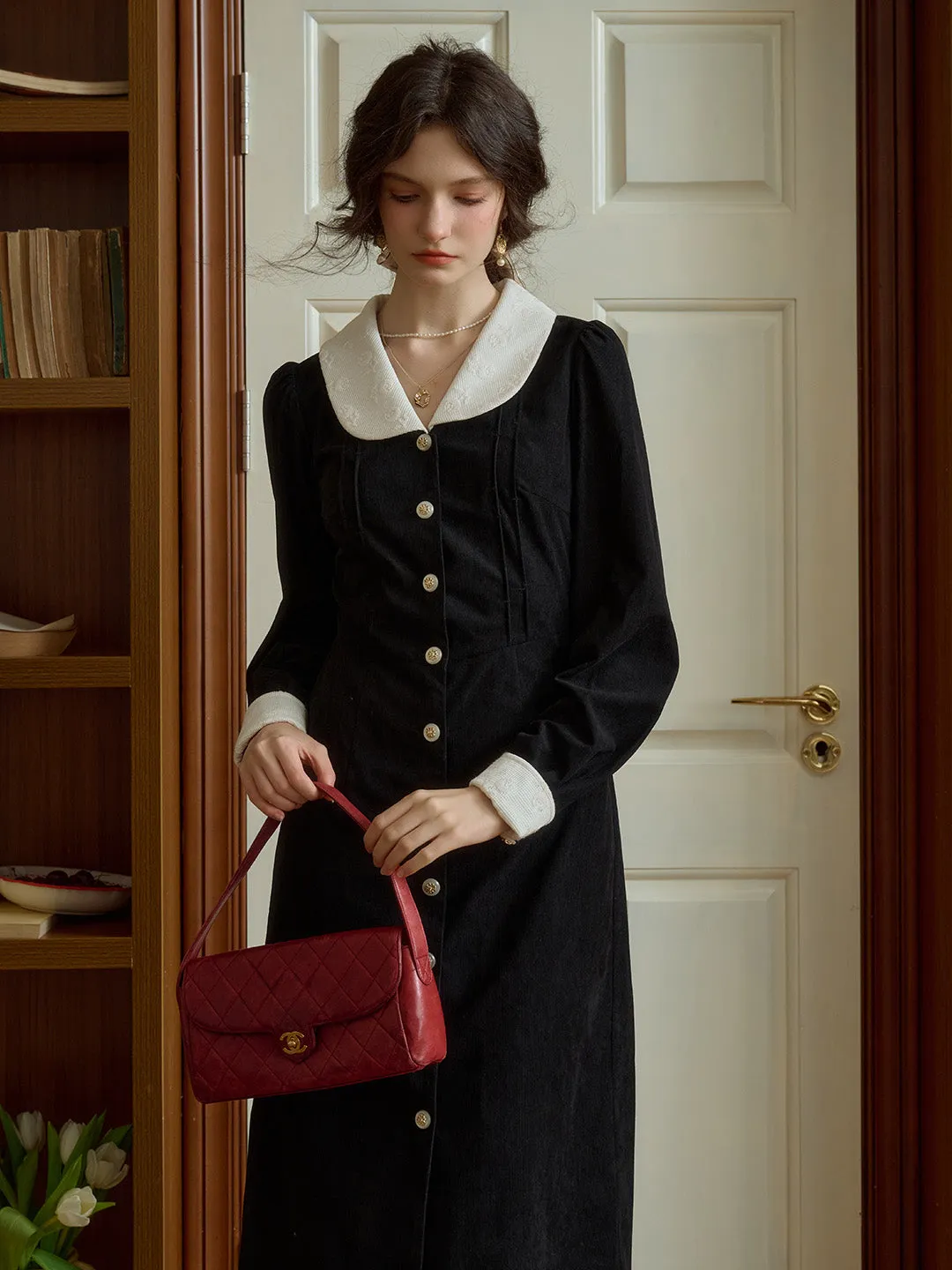 Work Fitwear Silk Flow Lillie Retro Lapel Contrast Rose Lace Paneling Velvet Dress