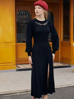 Lily Floral Embroidery Back hollow Split Sweater Dress Japan Line Trendy Appearance