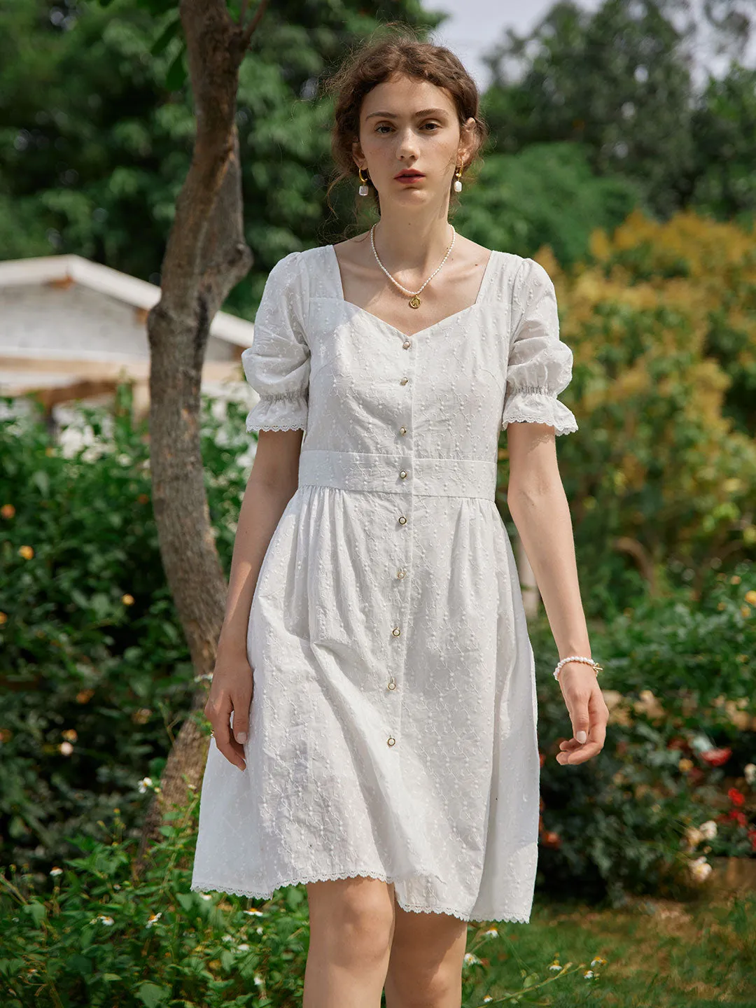 Victorian 100% Cotton Embroidery Midi Dress Tactile Feel Everyday Layers