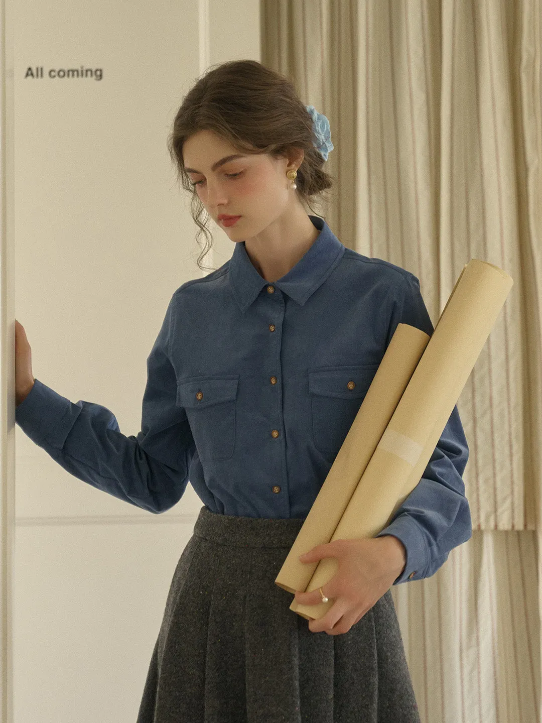 Lisa Classic Notched Collar Pocket Corduroy Shirt - Blue Casual Pullover