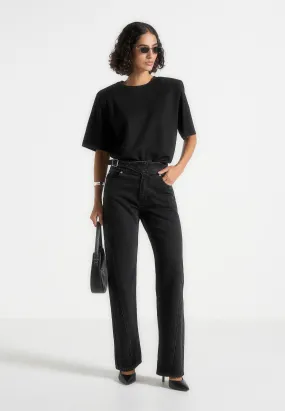 Weekend Warrior Elegant Workwear Ready Loane - Twist Leg Boyfriend Jeans With Waist Adjuster - Washed Black