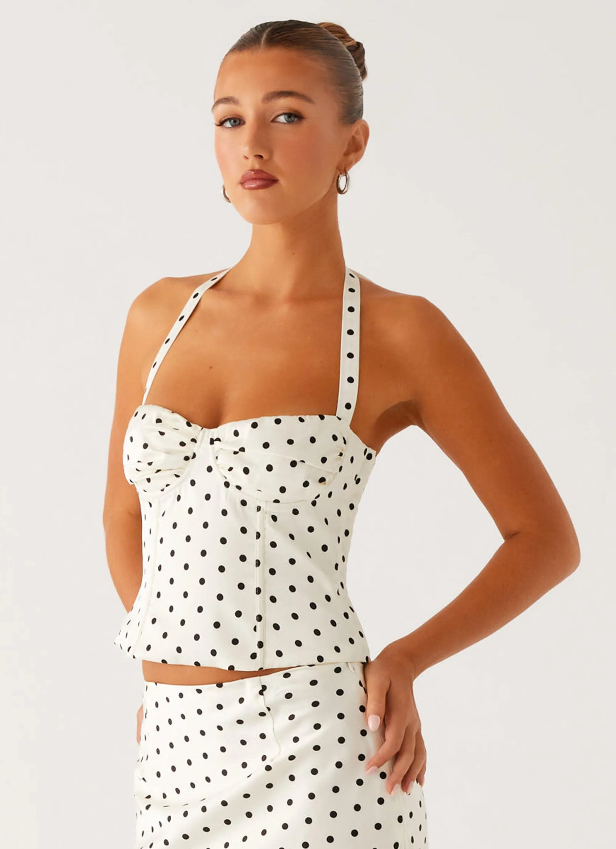 Breanne Top - White Polka Dot Bound Seam Edges