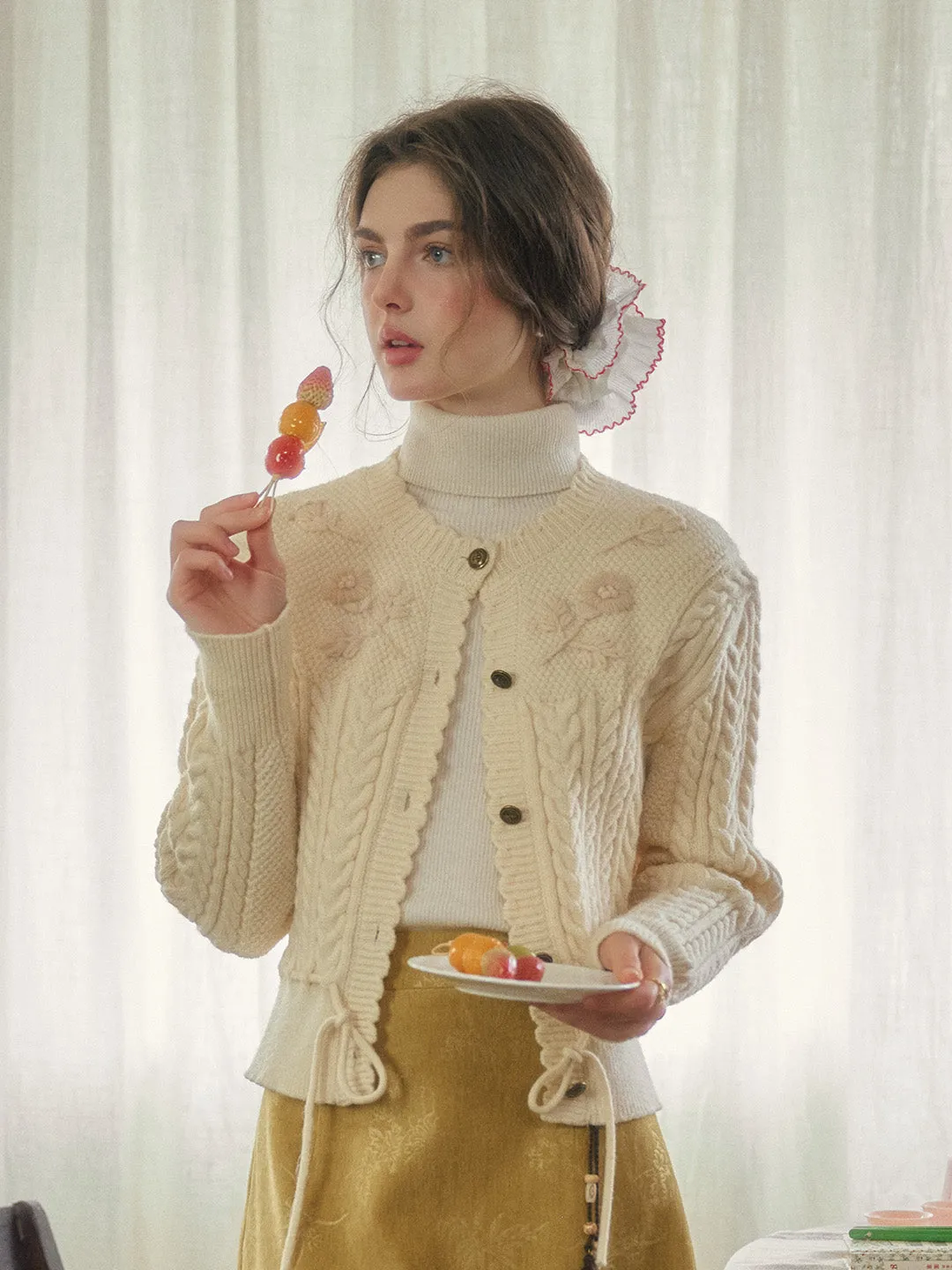 LowMaintenance Fabric Ribbed Collar Design Vesper Wavy Neck Ribbed Wool Cardigan - Blue