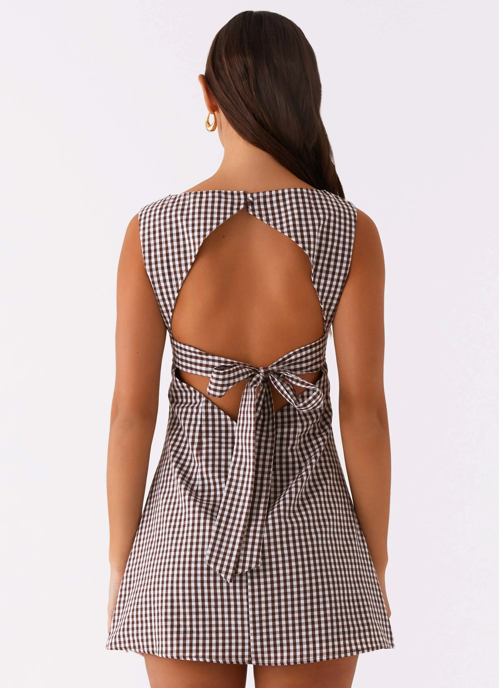 Lotus Tie Back Mini Dress - Chocolate Gingham Tagless label Casual Moments