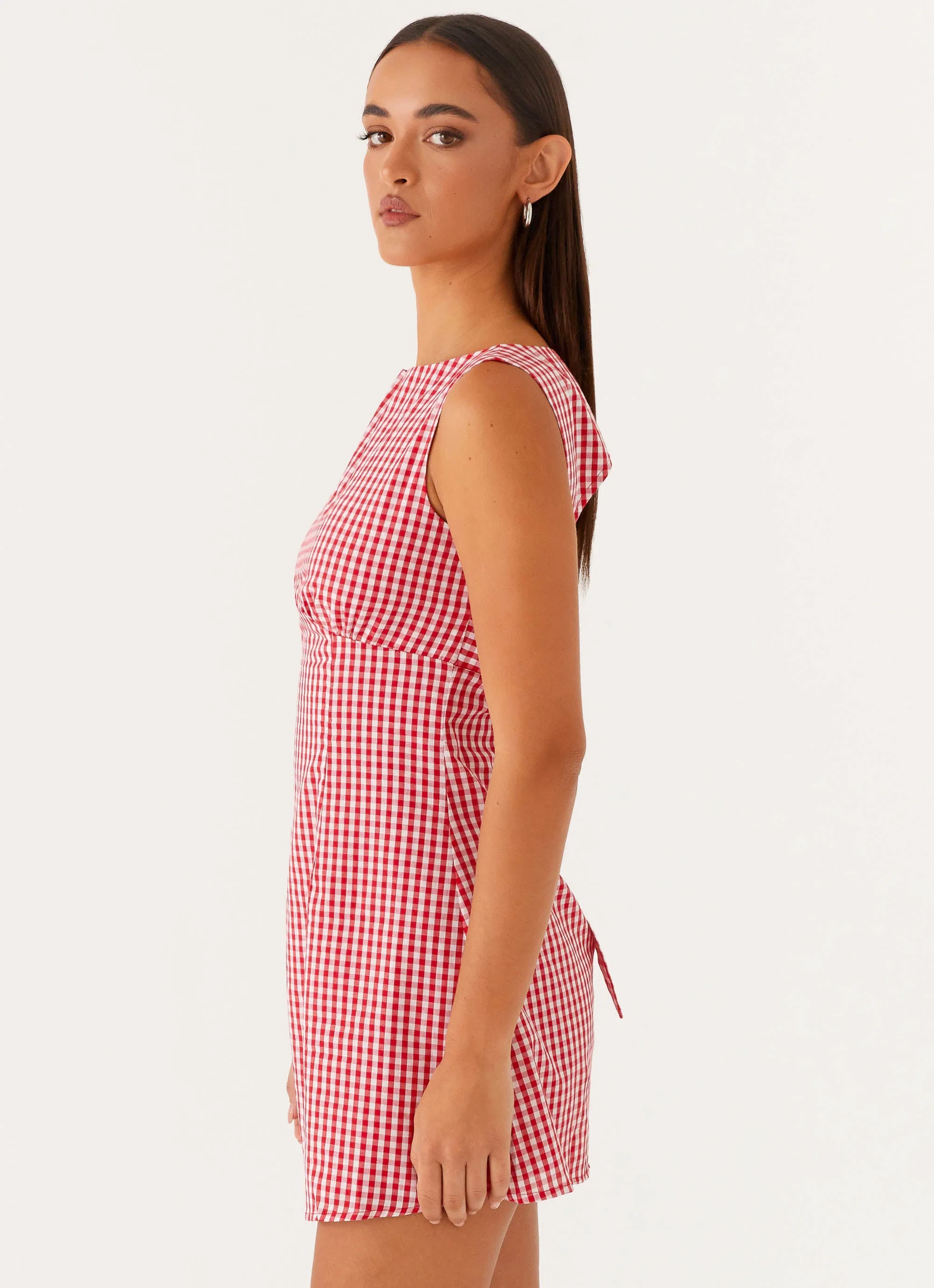 Trendy Outfit Simple Styling Lotus Tie Back Mini Dress - Red Gingham