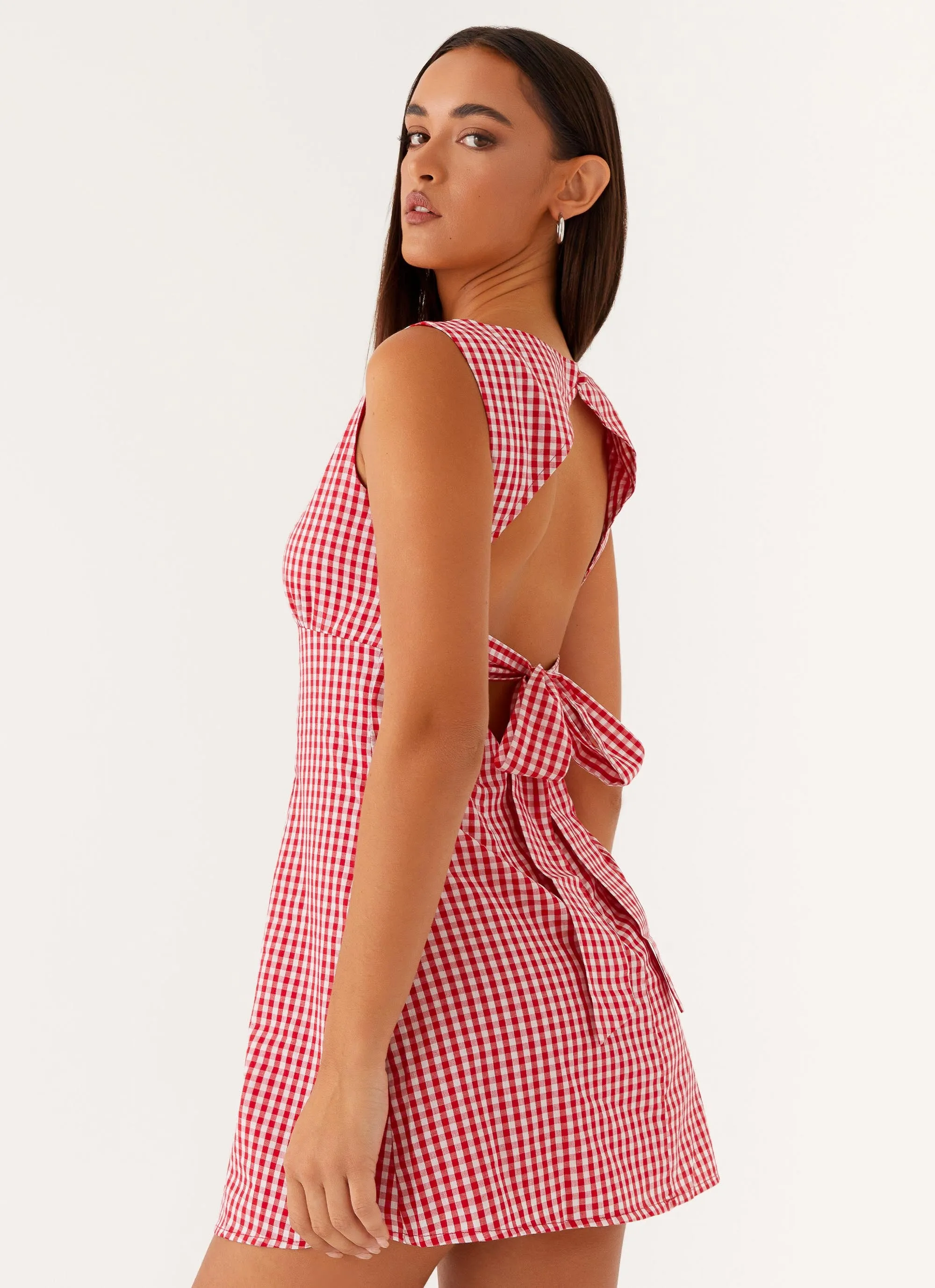 Lotus Tie Back Mini Dress - Red Gingham Urban Edge