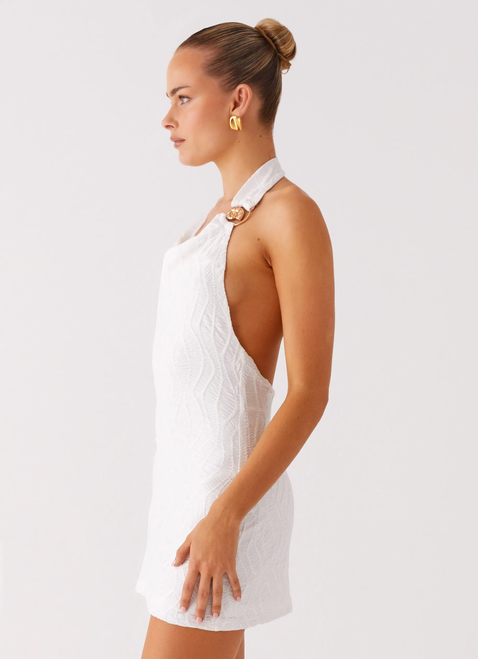 Love Line Halter Mini Dress - White Easy Texture Travel piece