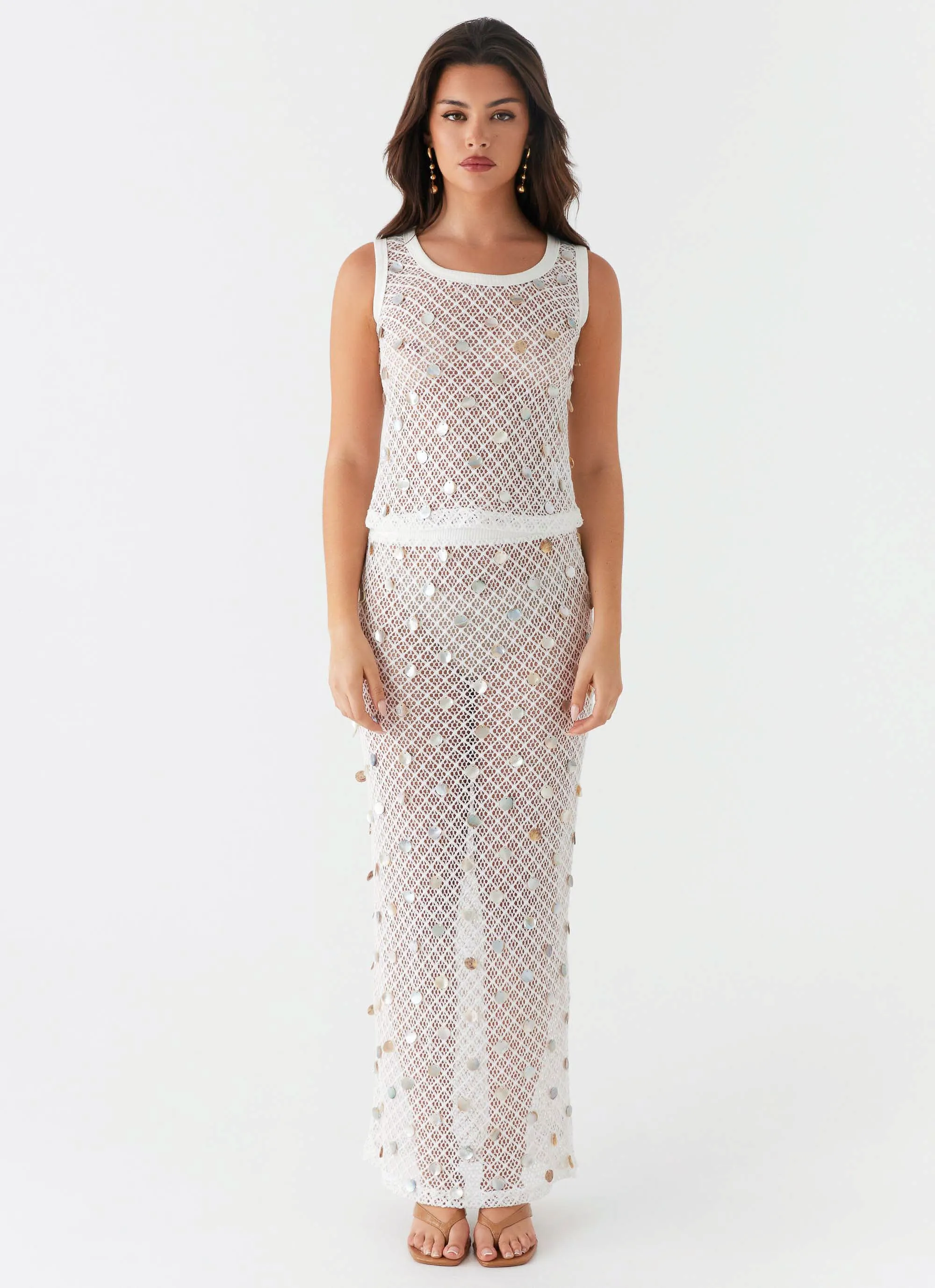 Lovina Shell Knit Maxi Skirt - White Warm Insulation