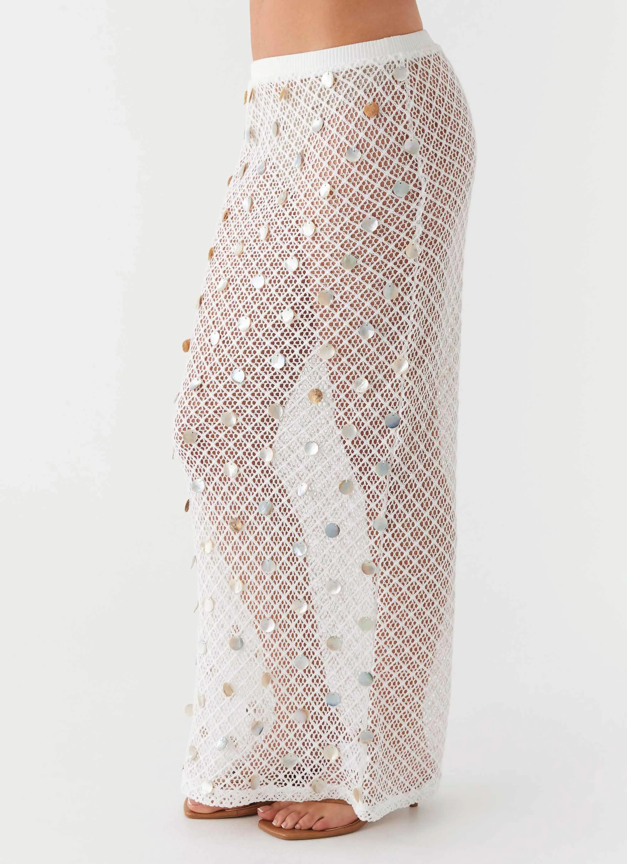 Side Pockets Lovina Shell Knit Maxi Skirt - White