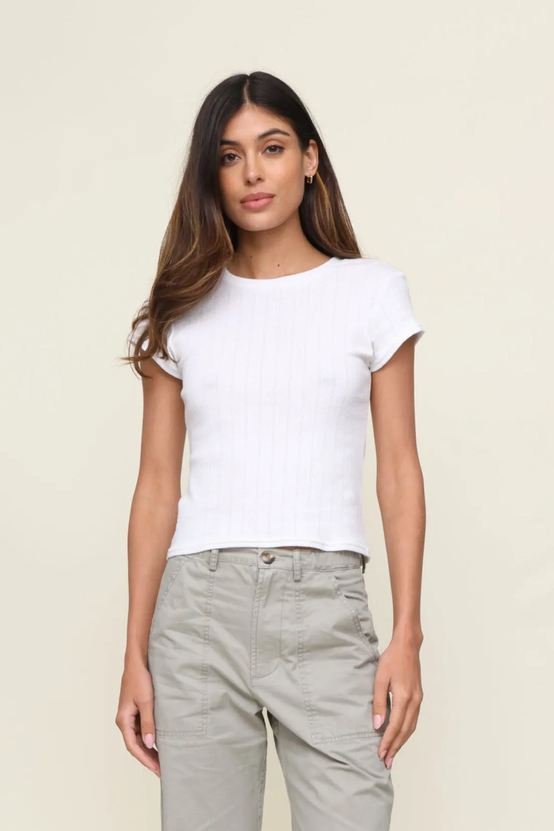 ColorfastMaterial Ribbed Hemline Katy Pointelle Baby Tee