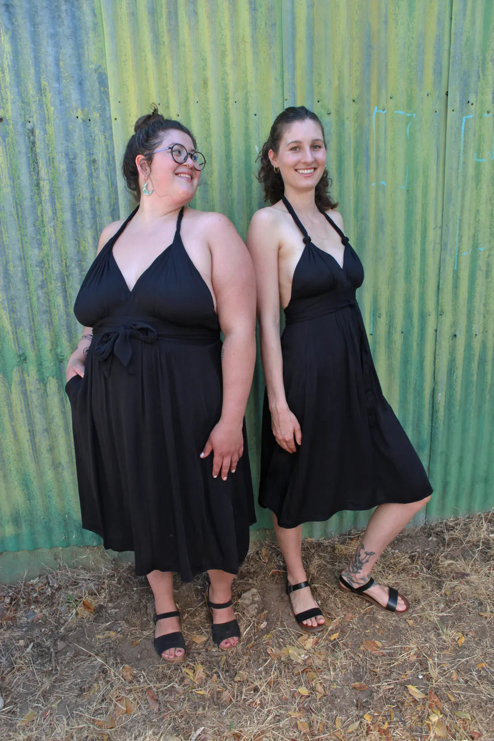 Monroe Dress in Black Sateen Shirred-Detail