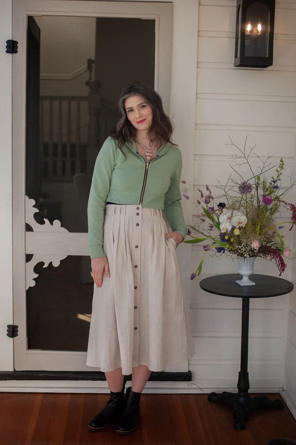 Cropped Hoodie In Mint Green Stretchable Neckline