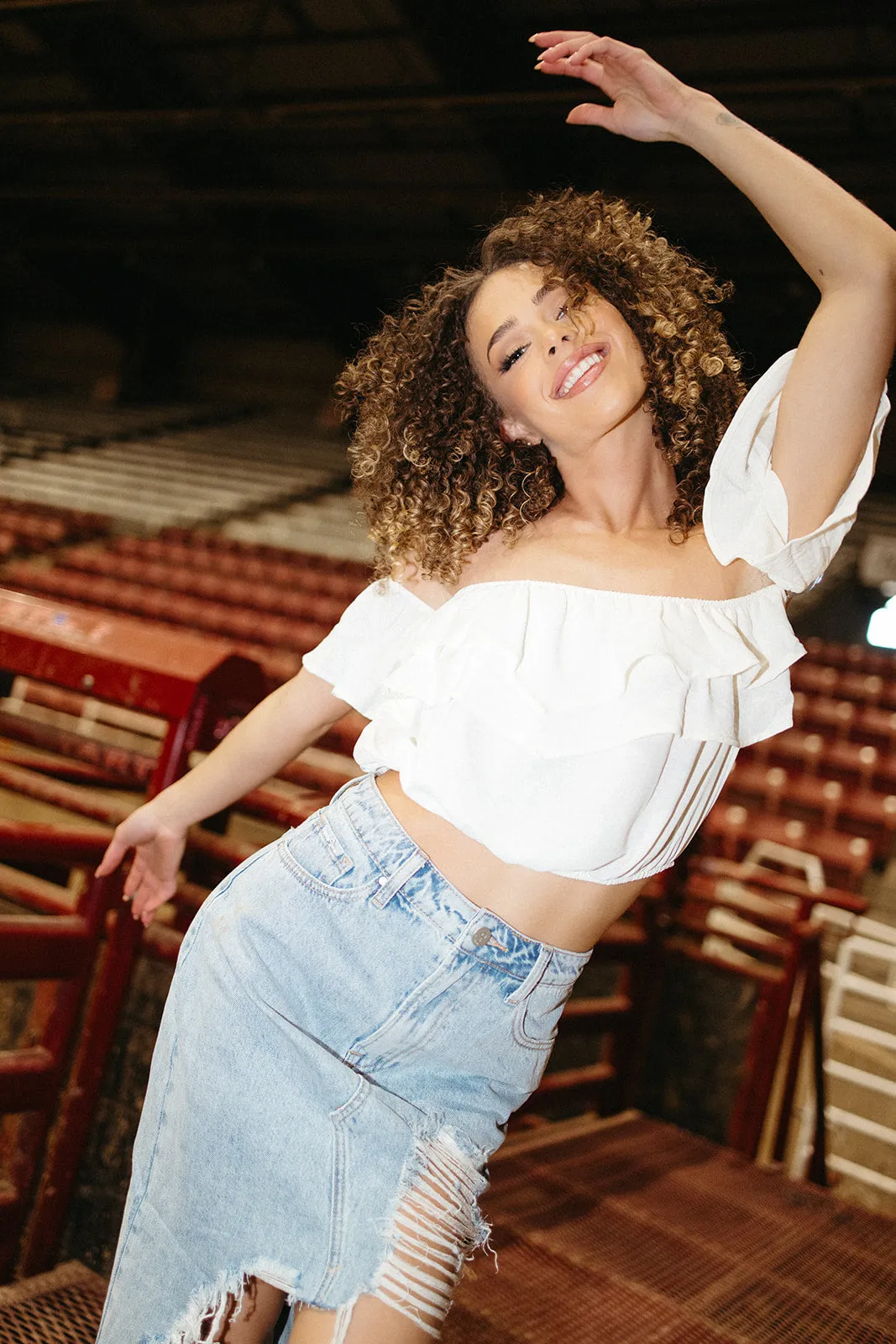 Chaps Off Shoulder Ruffle Top Long Sleeve Shirt Contrast Stitch