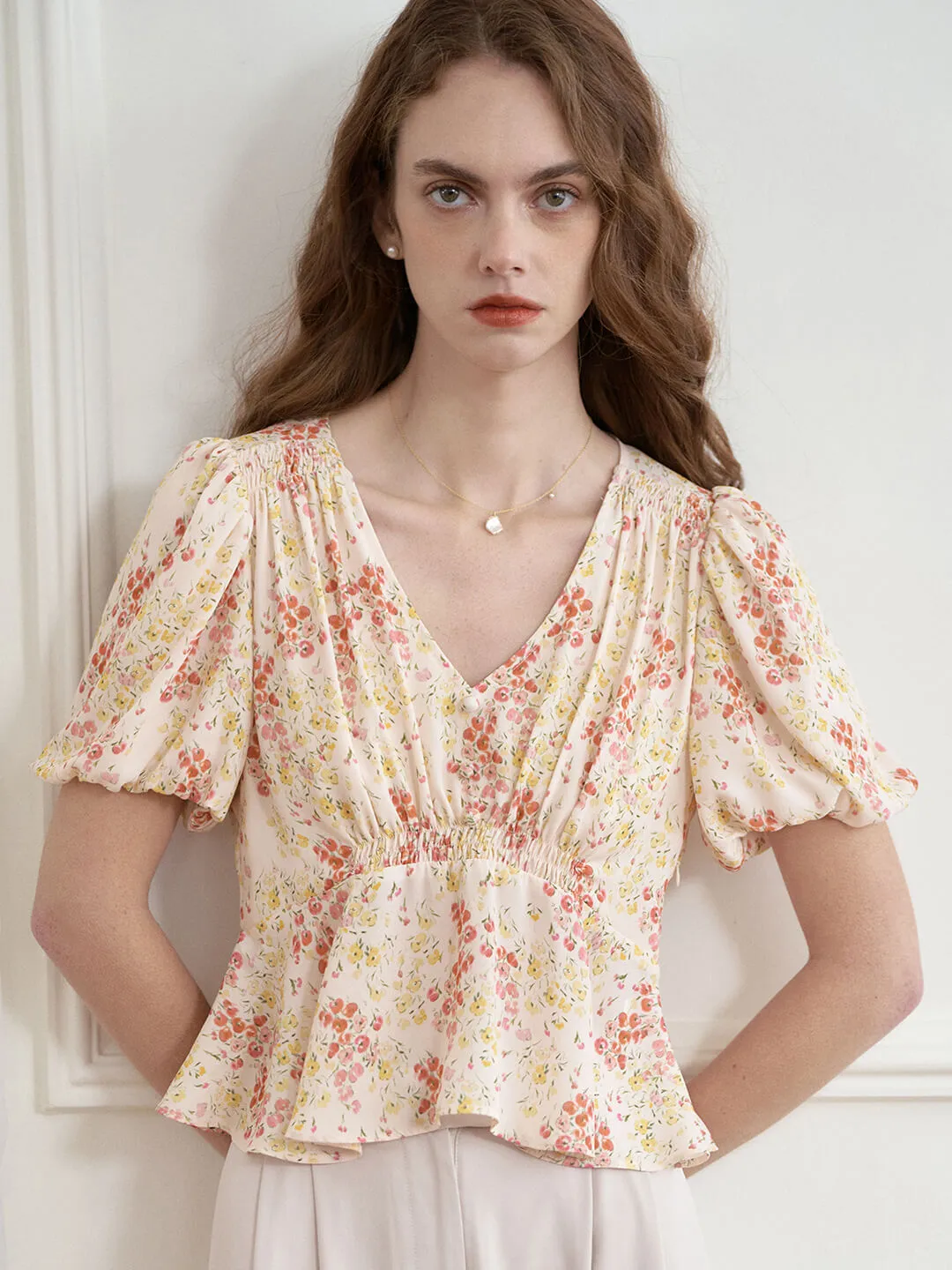 Luciana Tulip French Style Large V-neck Floral Shirt AthleisureInspired