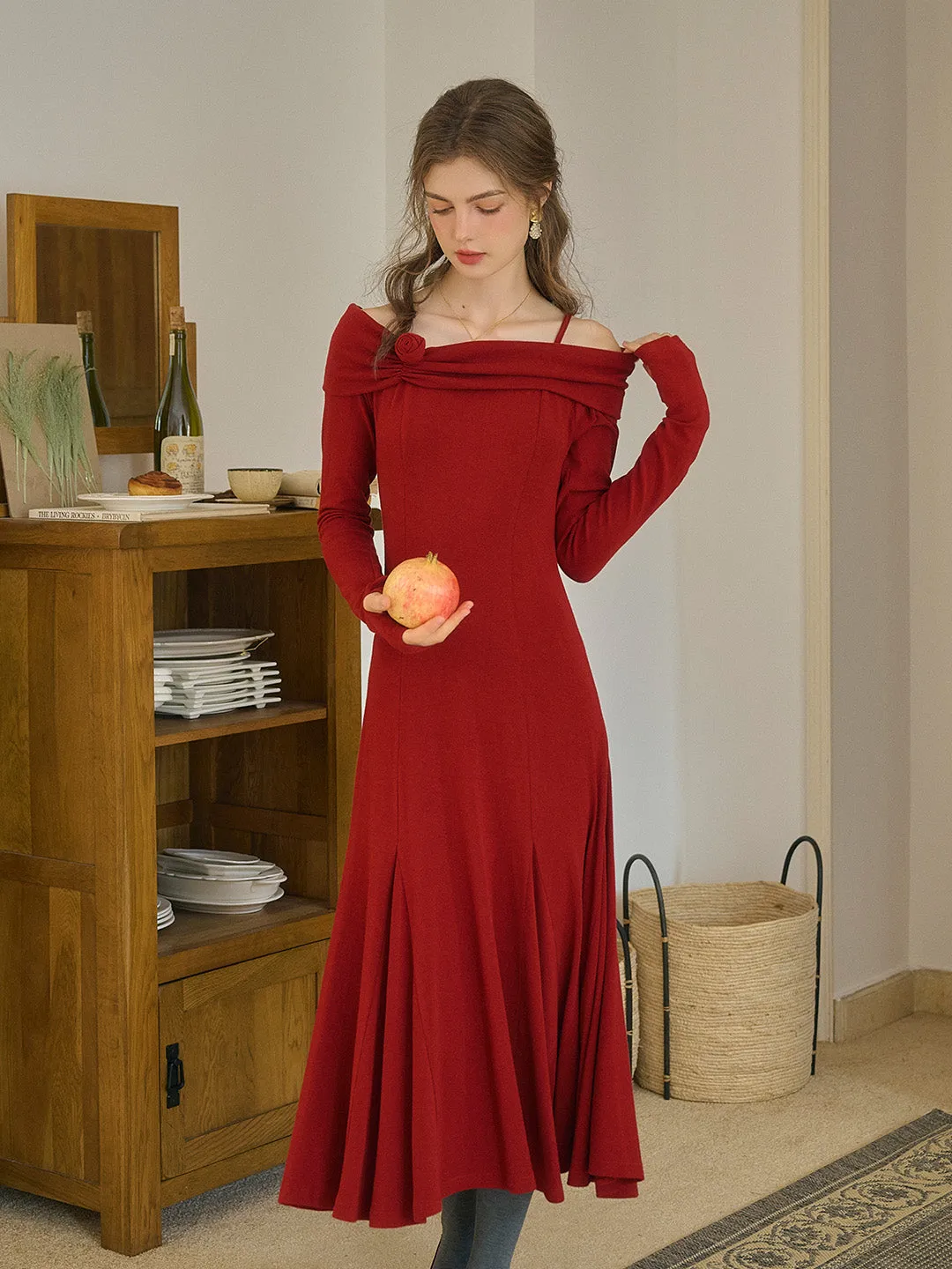 Handmade Lucille Elegant Off-Shoulder Rose Mid Dress (with Ribbon)-Red