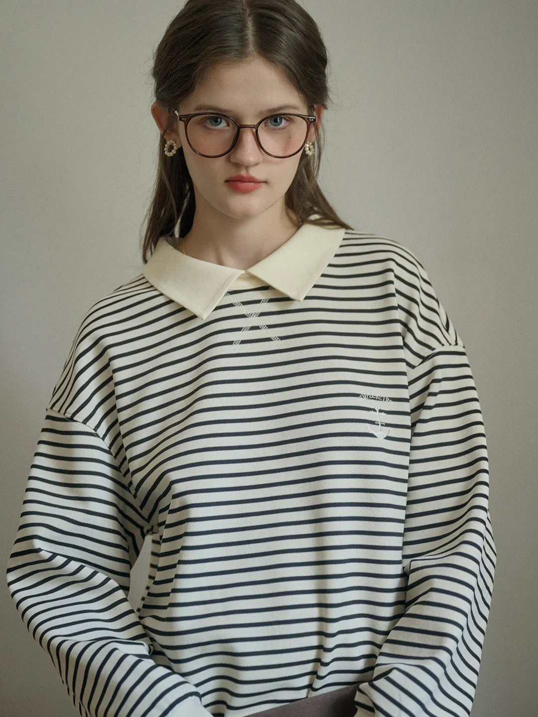 MeshPanelIntegration Luella SR Logo Embroidered Contrast Collar Striped Sweatshirt