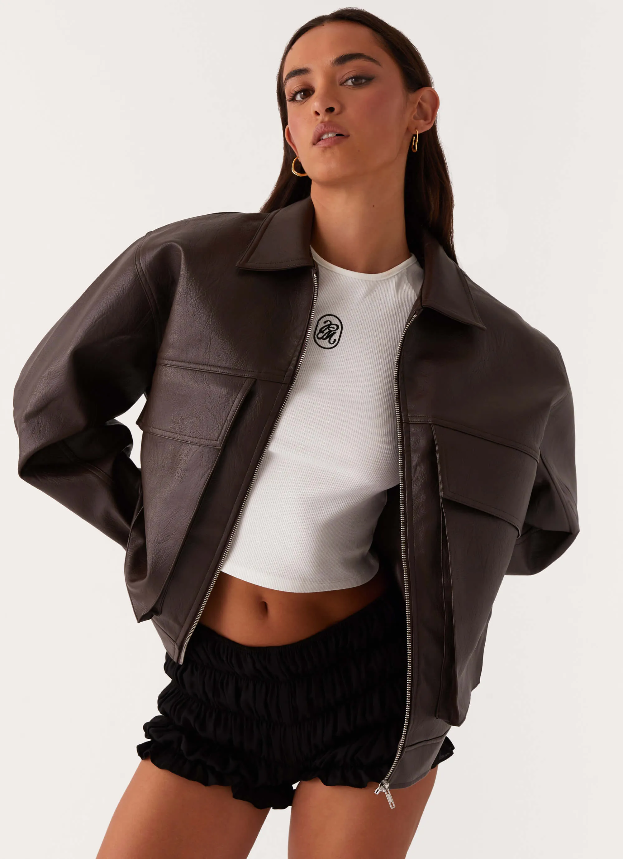 popular in America Lula Faux Leather Bomber Jacket - Chocolate