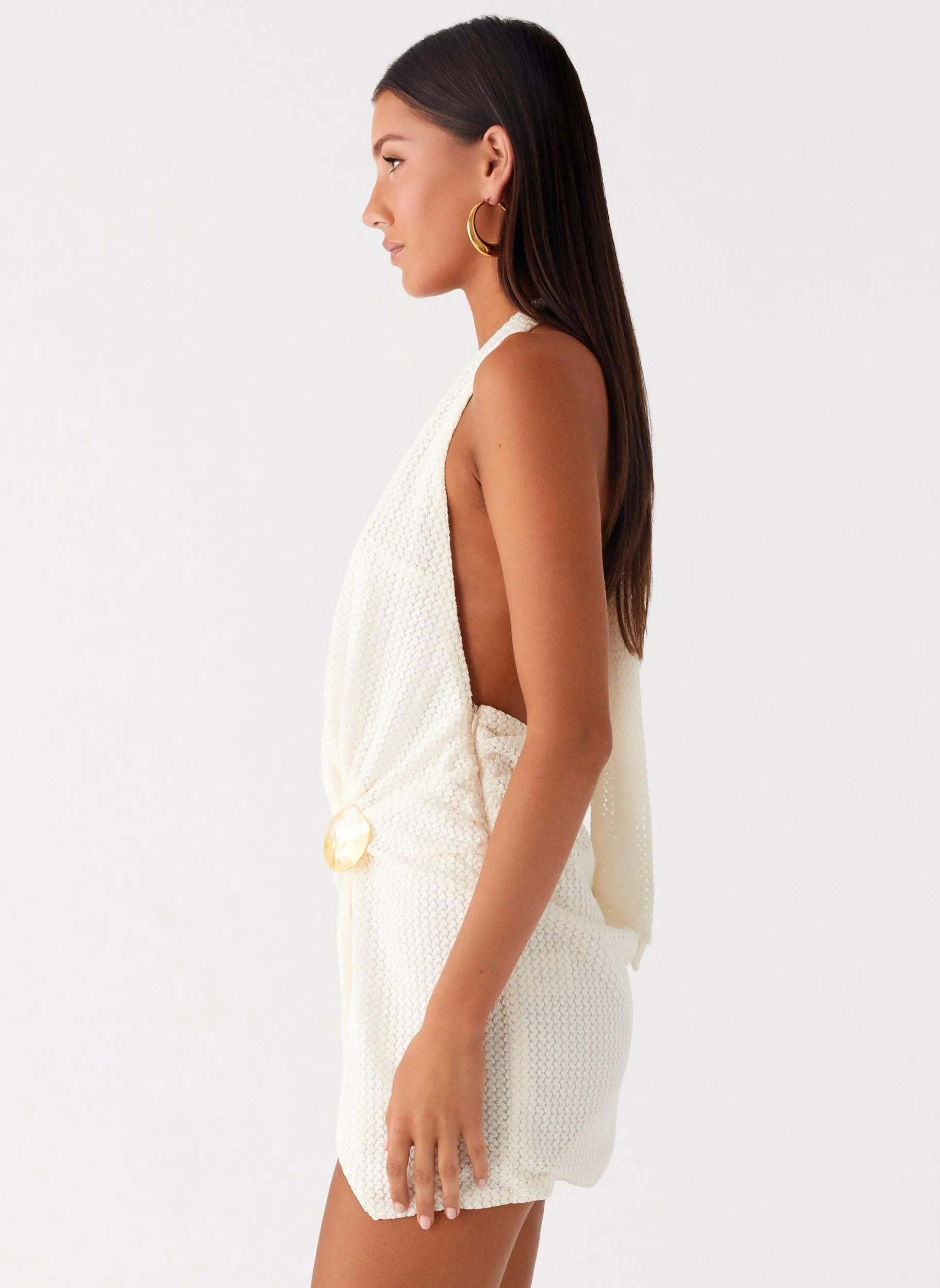 Outfit Shot Modern Details Eleanora Plunge Mini Dress - Ivory