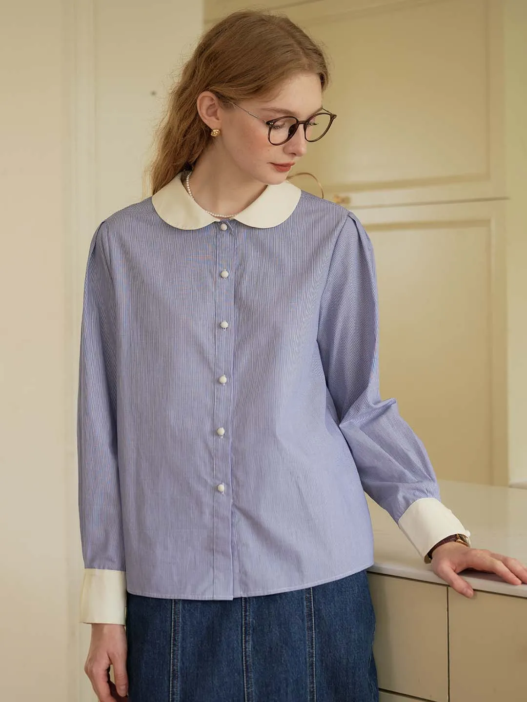 Luz Blue & White Striped Peter Pan Collar Contrast Cotton Shirt hypoallergenic material StretchFit Design