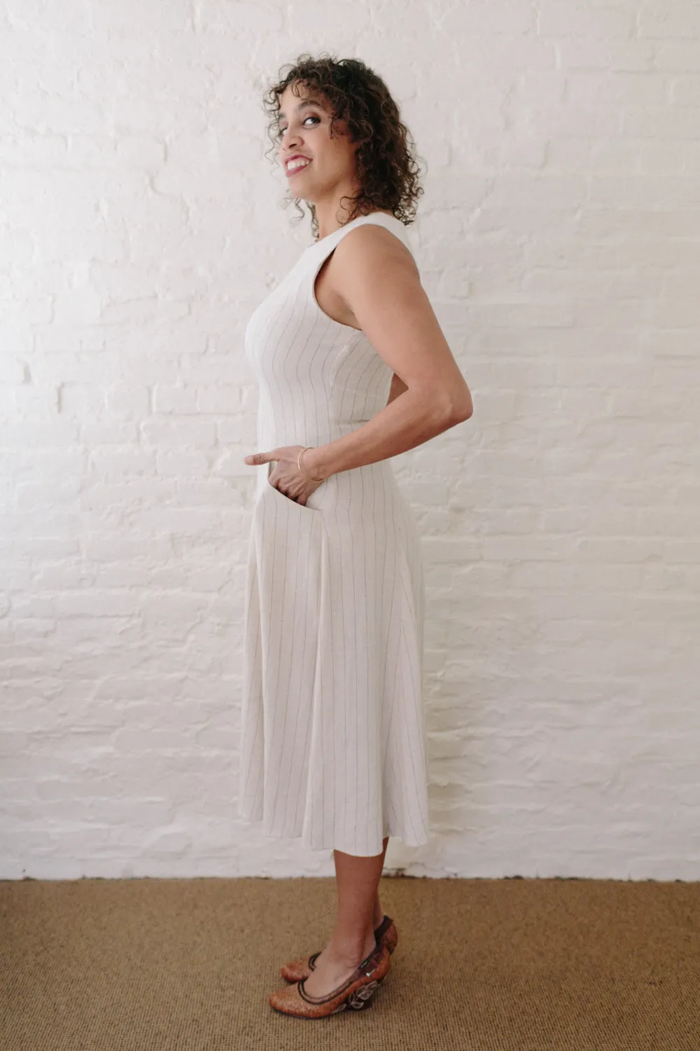 OdorControlTreatment Lori Dress in Oat Linen Stripe