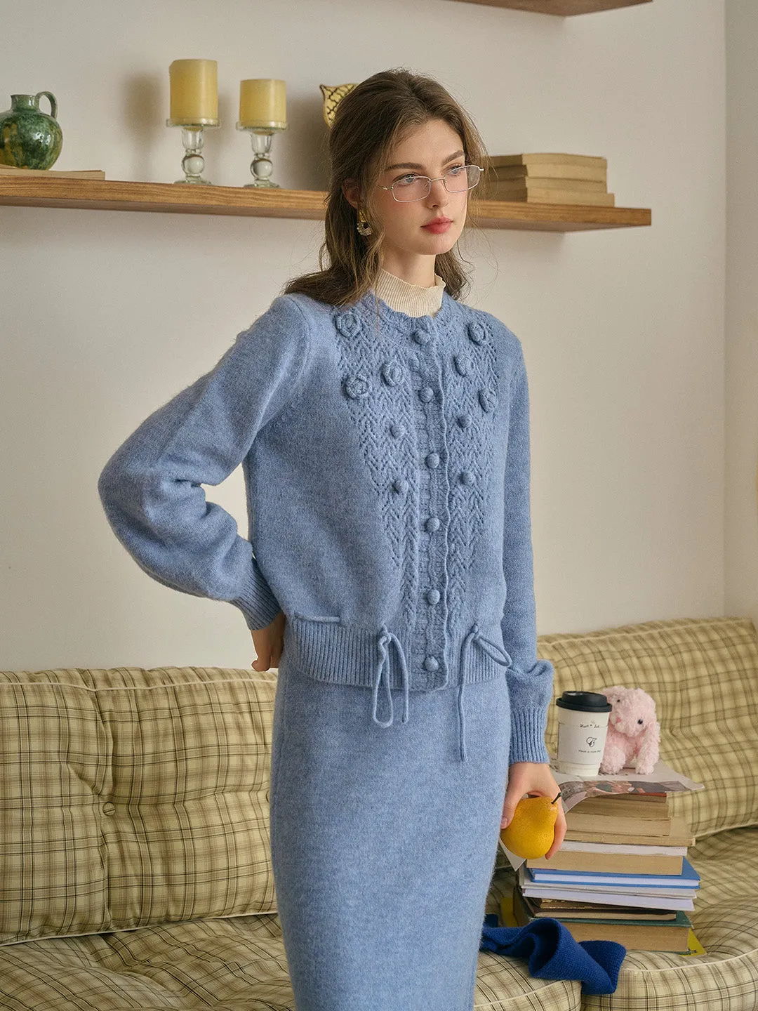 BreathableBack All-Purpose Wear Maddie Round Neck Hollow 3D Flower Knitted Wool Cardigan - Red